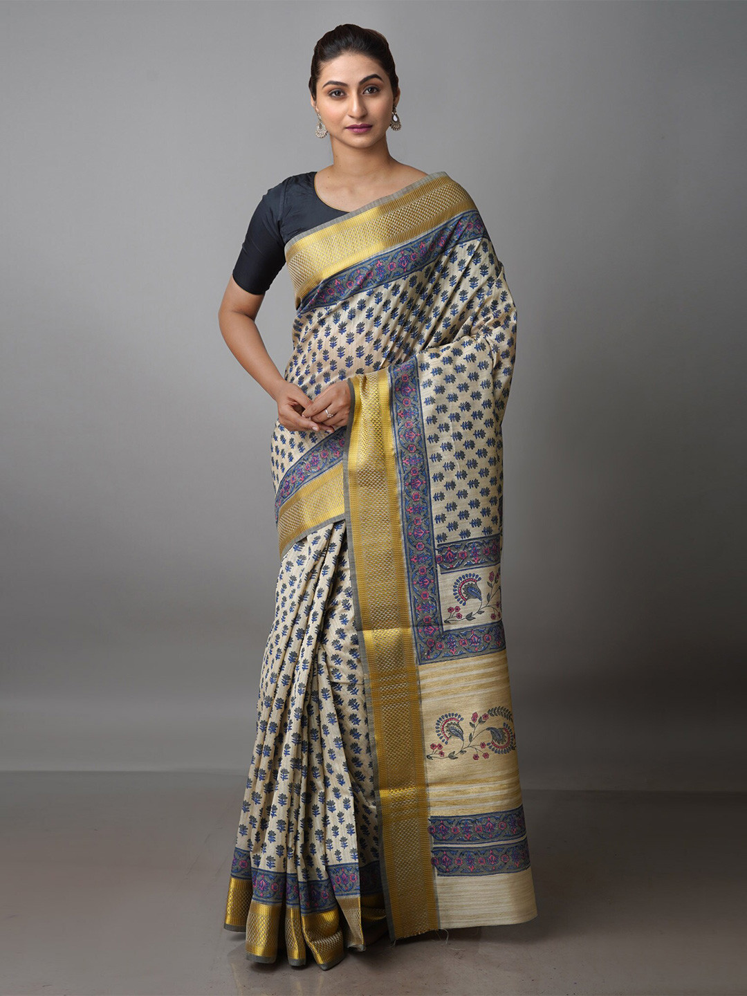 

Unnati Silks Ethnic Motifs Zari Pure Silk Tussar Handloom Saree, Cream