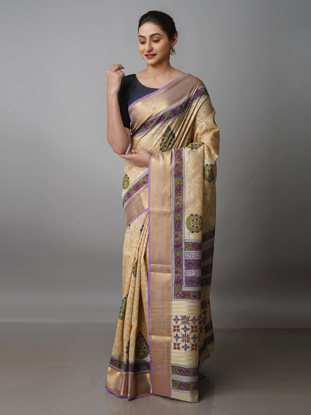 

Unnati Silks Ethnic Motifs Zari Pure Silk Tussar Saree, Cream