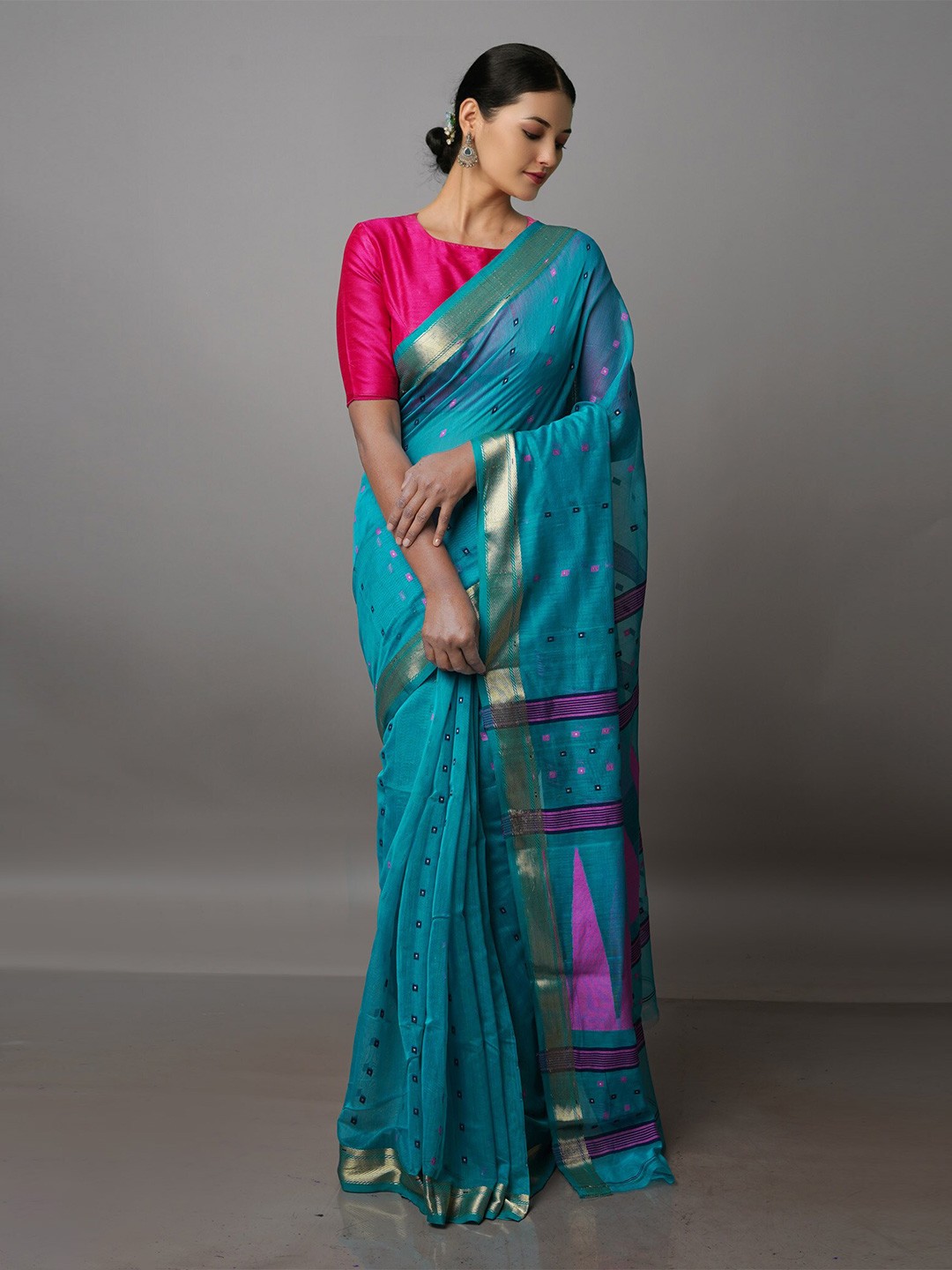 

Unnati Silks Woven Design Zari Silk Cotton Handloom Jamdani Saree, Green