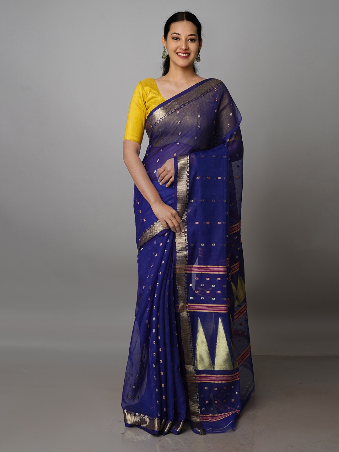 

Unnati Silks Woven Design Zari Silk Cotton Handloom Jamdani Saree, Navy blue