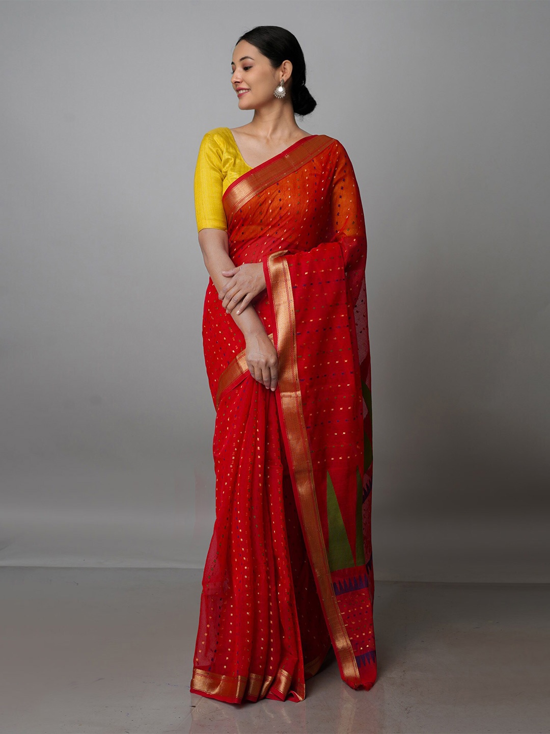 

Unnati Silks Woven Design Zari Silk Cotton Handloom Jamdani Saree, Red