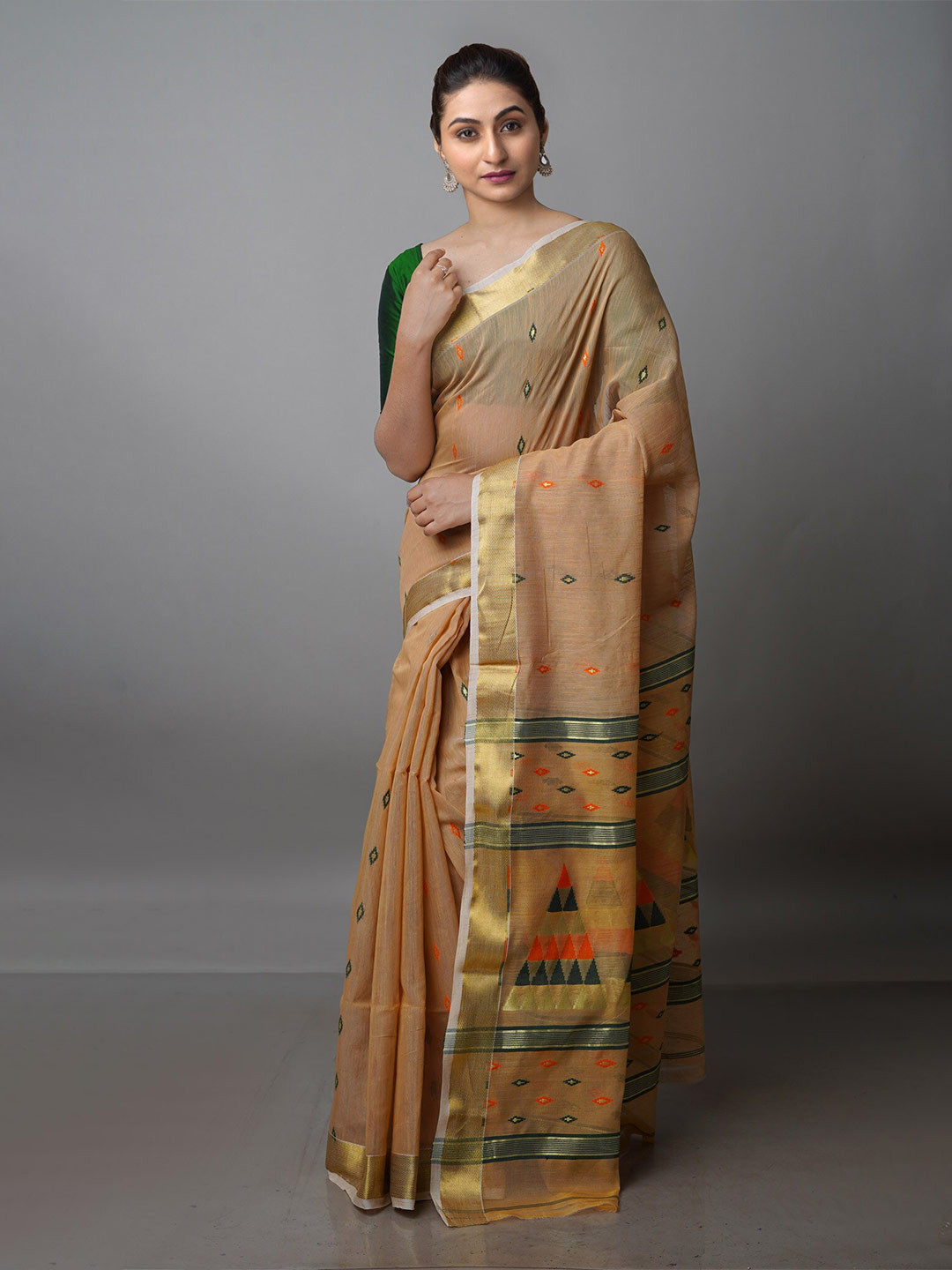 

Unnati Silks Woven Design Zari Silk Cotton Handloom Jamdani Saree, Orange