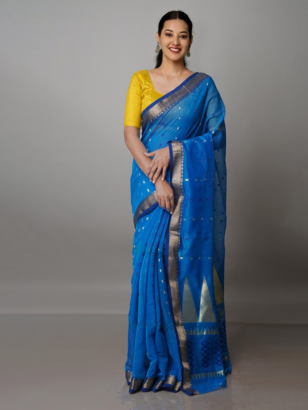 

Unnati Silks Woven Design Zari Silk Cotton Handloom Jamdani Saree, Blue