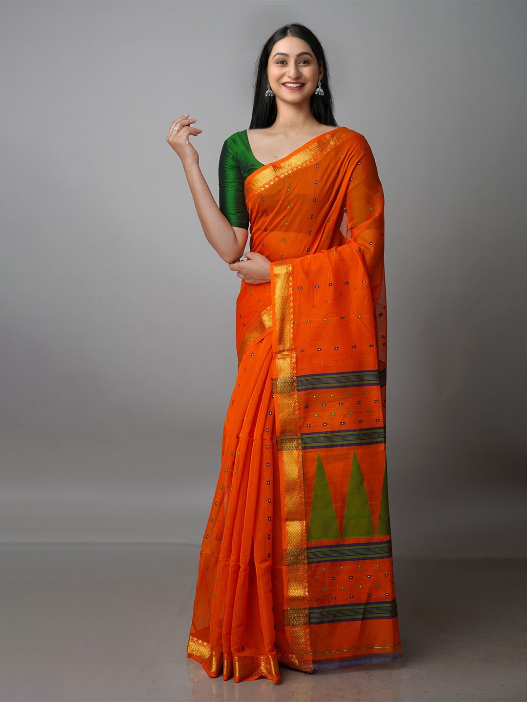 

Unnati Silks Woven Design Zari Silk Cotton Jamdani Saree, Orange