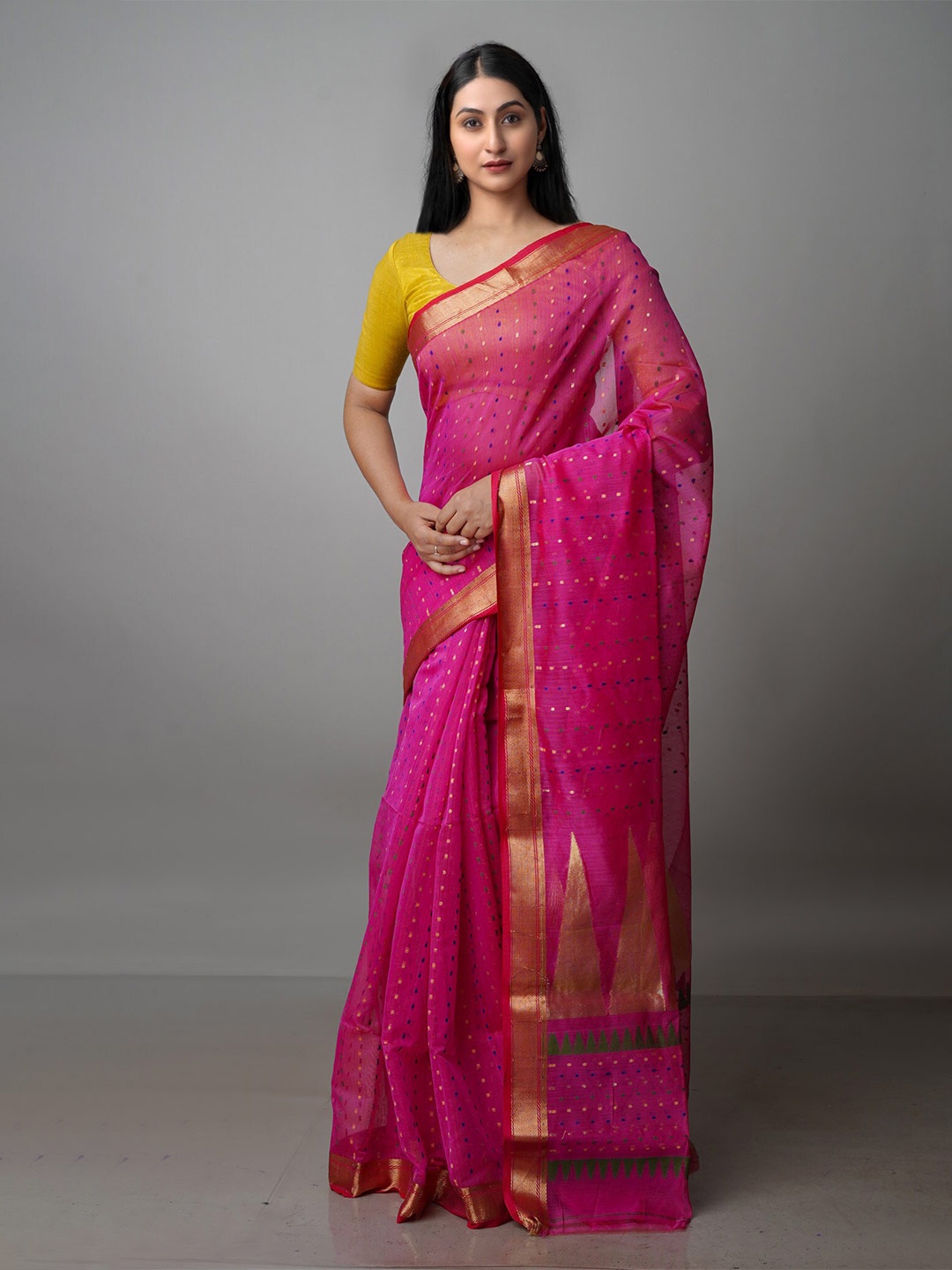 

Unnati Silks Woven Design Zari Silk Cotton Handloom Jamdani Saree, Pink