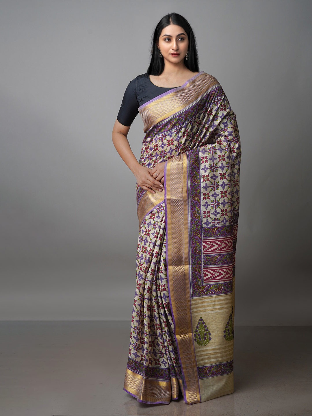 

Unnati Silks Ethnic Motifs Zari Pure Silk Handloom Tussar Saree, Cream
