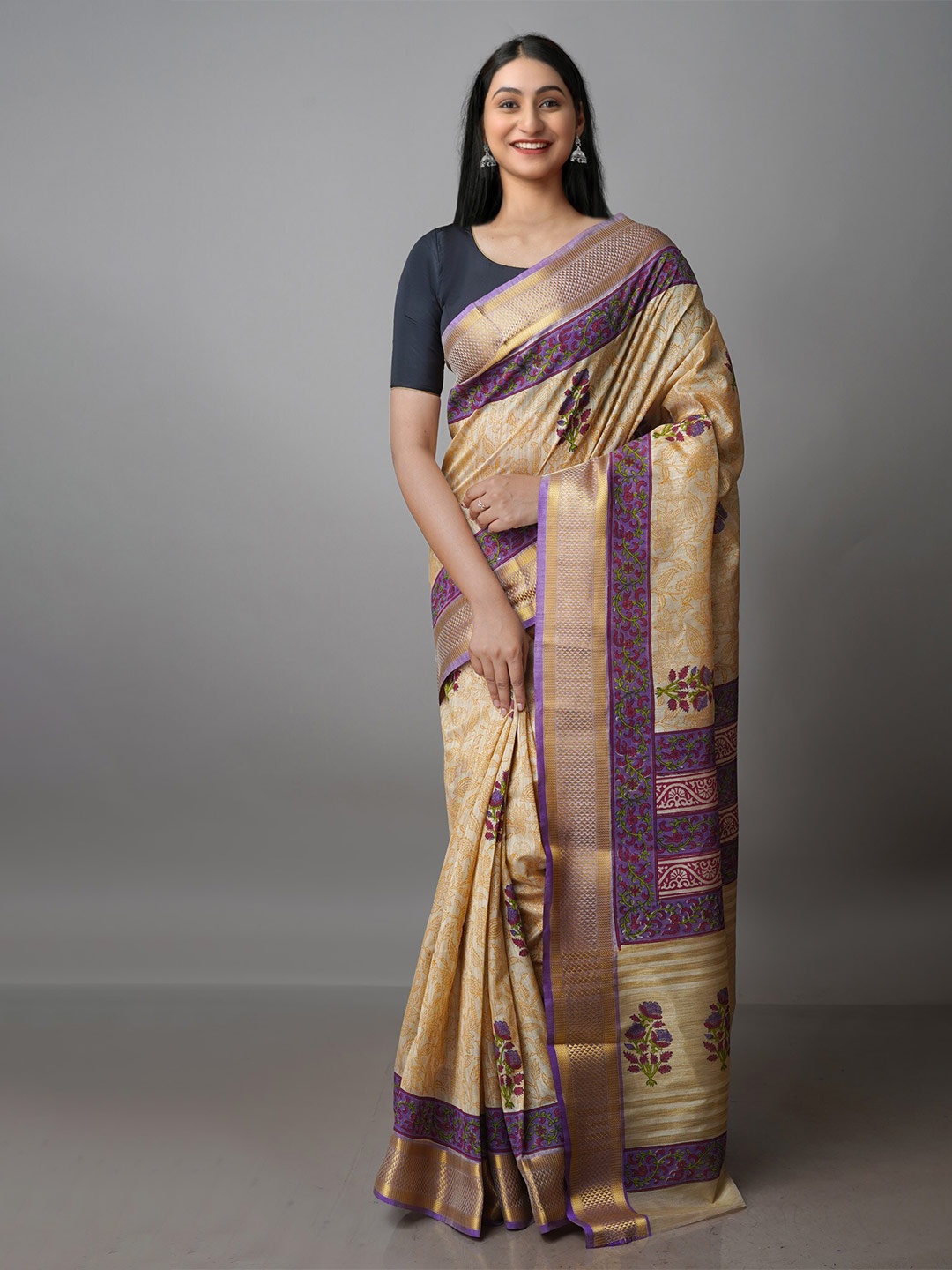 

Unnati Silks Ethnic Motifs Zari Pure Silk Handloom Tussar Saree, Cream