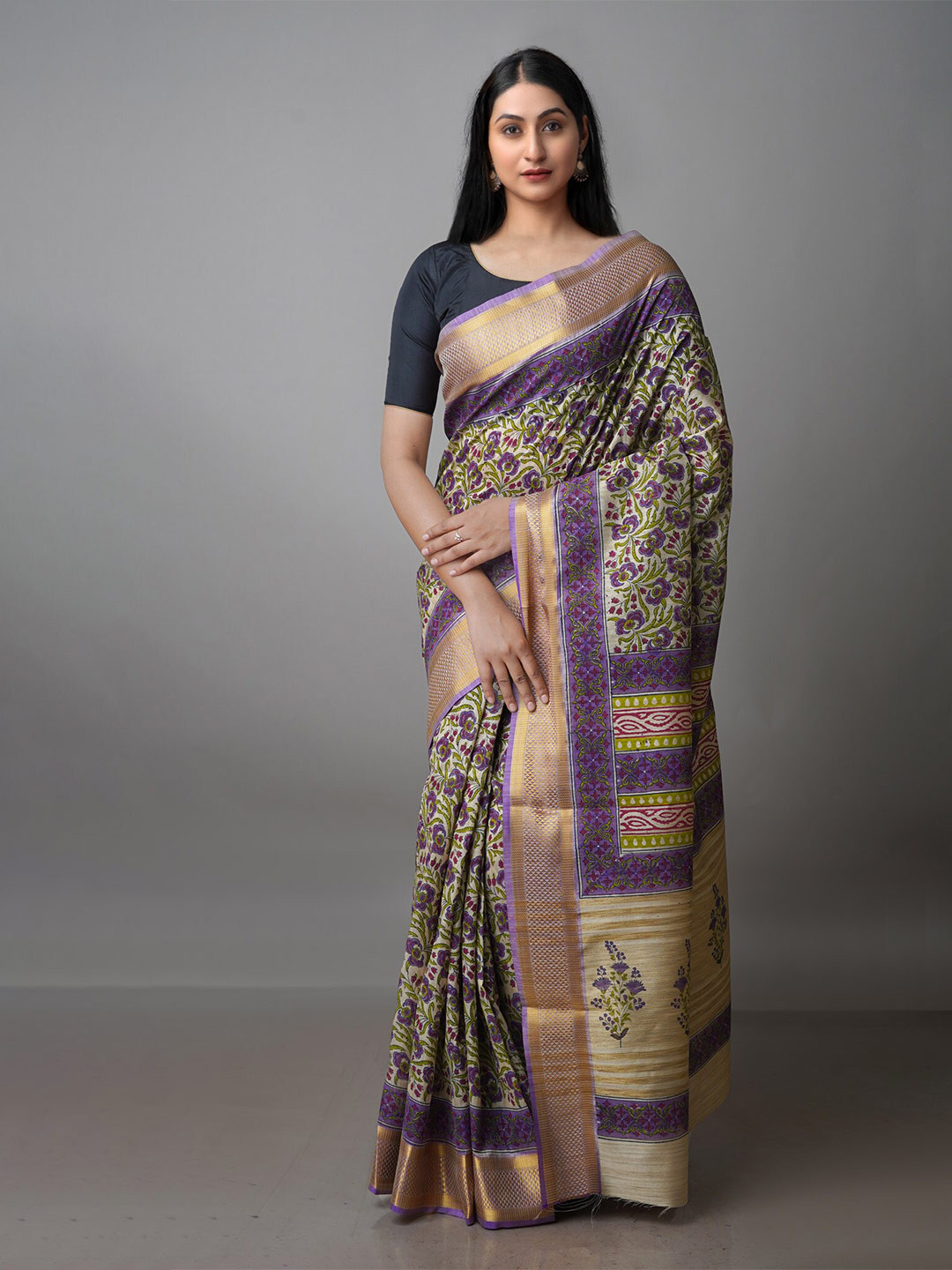 

Unnati Silks Ethnic Motifs Zari Pure Silk Handloom Tussar Saree, Cream