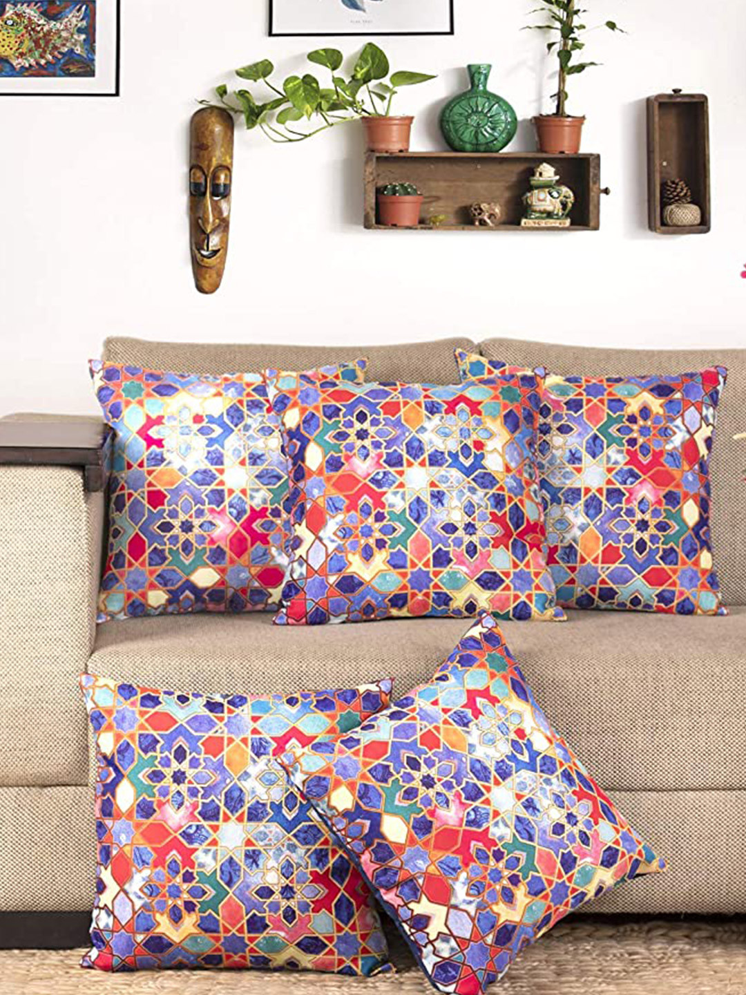 

NISRAG HOME 5 Pcs Blue & Red Square Cushion Covers