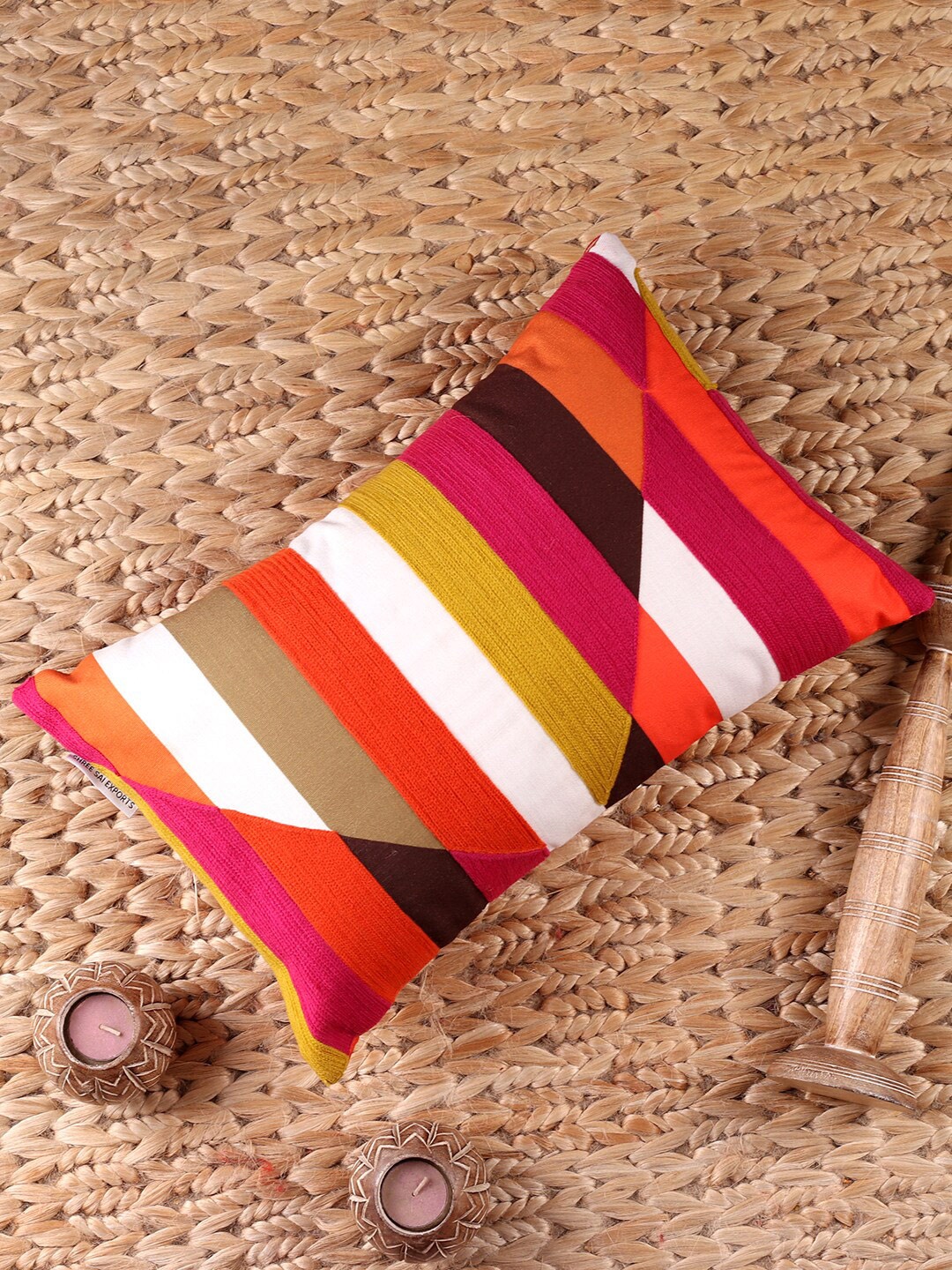 

NISRAG HOME Orange & White Geometrical Striped Rectangle Cushion Cover