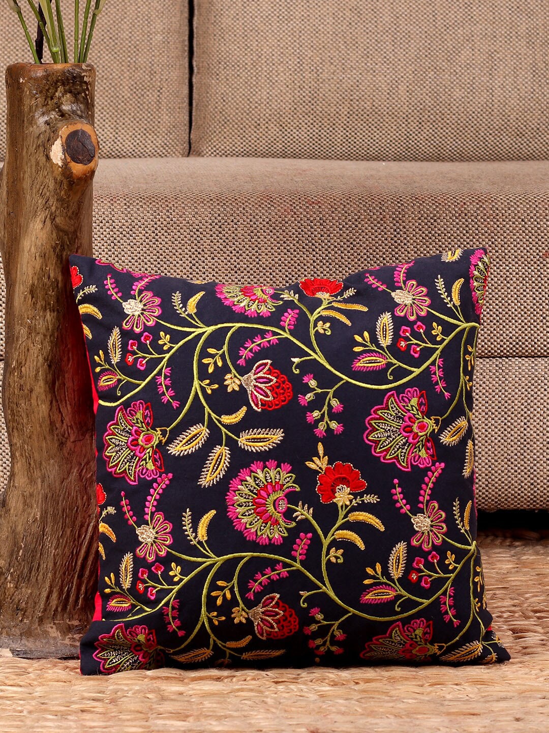 

NISRAG HOME Black & Green Floral Embroidered Square Cushion Cover