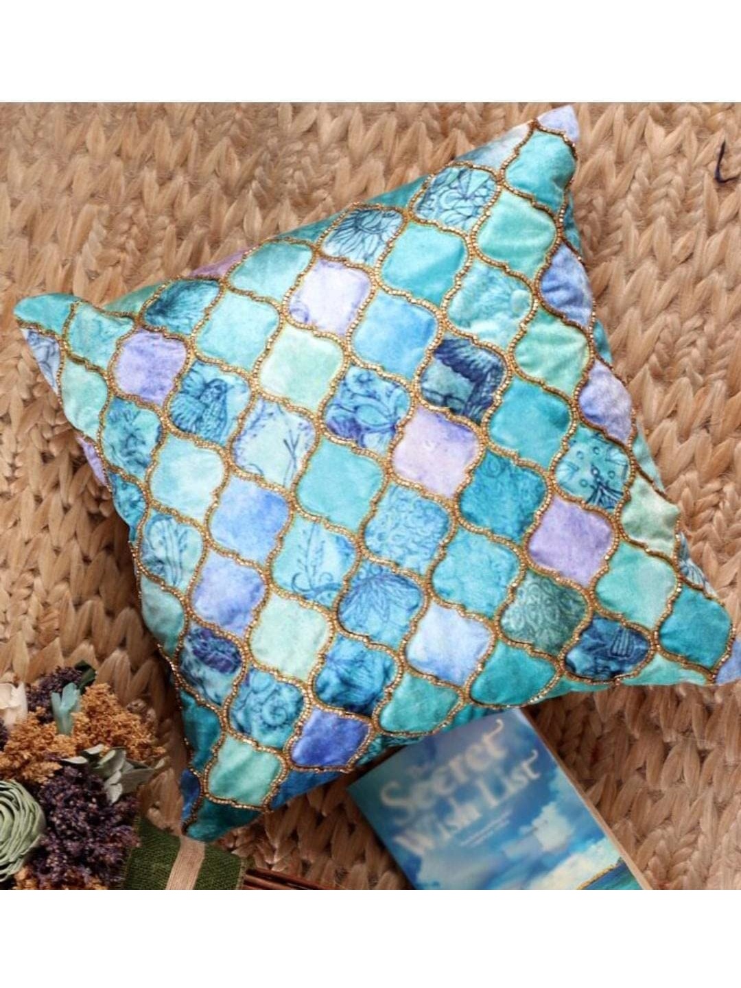 

NISRAG HOME Blue & White Embellished Square Cushion Cover