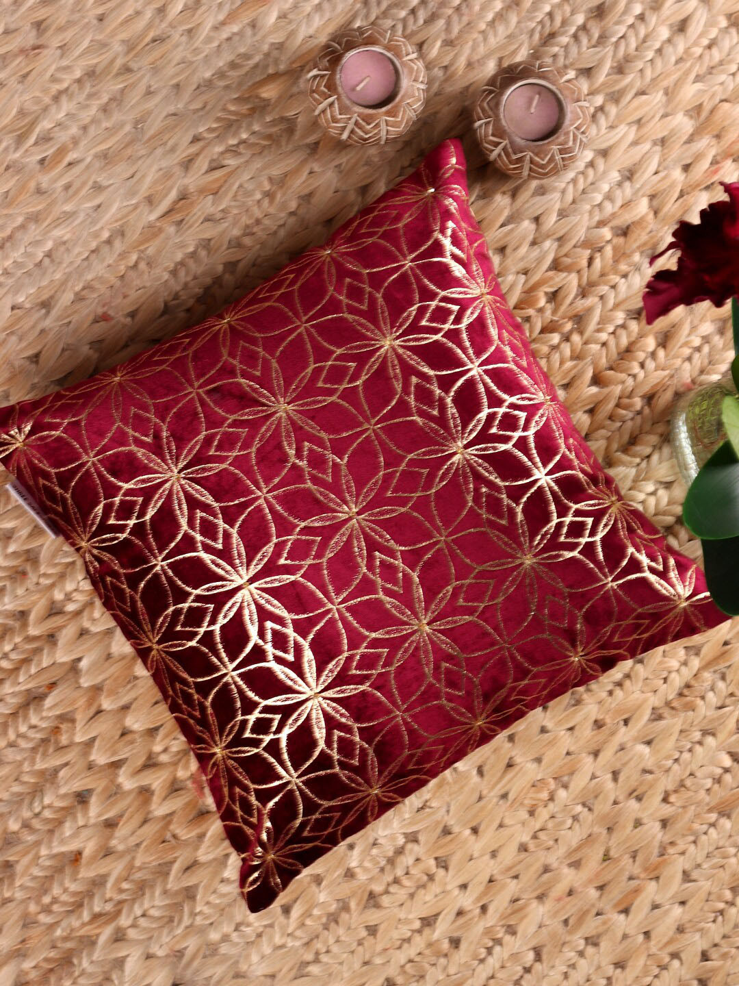 

NISRAG HOME Red Self Design Square Cushion Cover