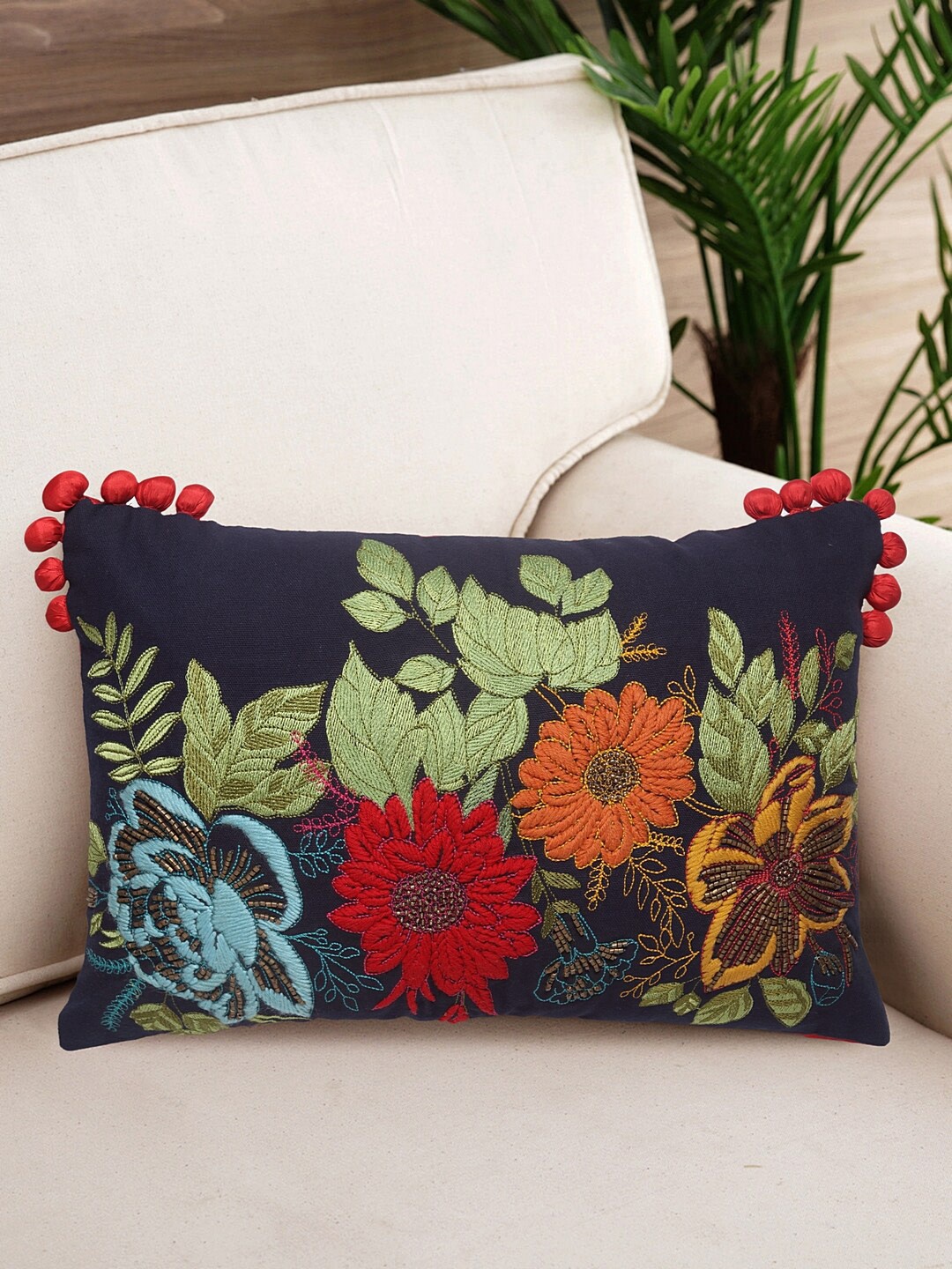

NISRAG HOME Black & Green Floral Embroidered Rectangle Cushion Cover