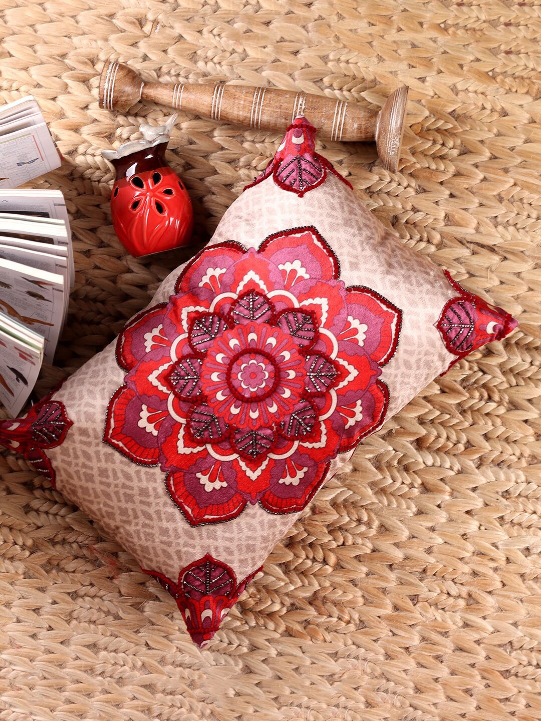 

NISRAG HOME Beige & Pink Floral Rectangle Printed & Embroidered Cushion Cover