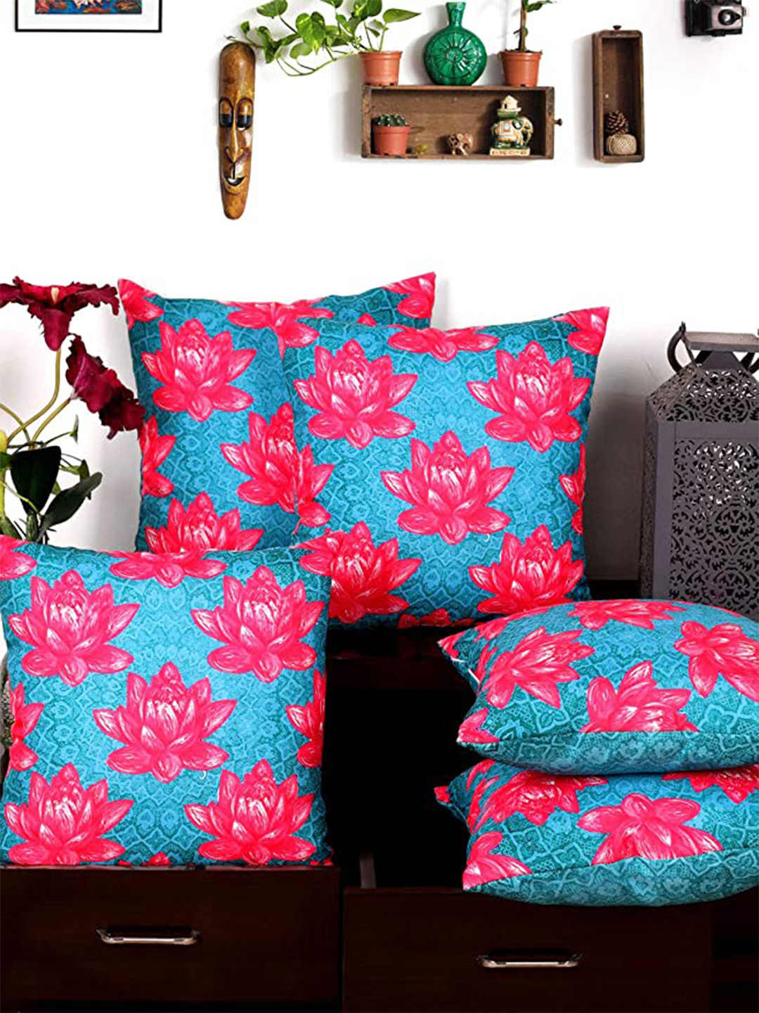 

NISRAG HOME Blue & Pink 5 Pcs Floral Square Cushion Cover