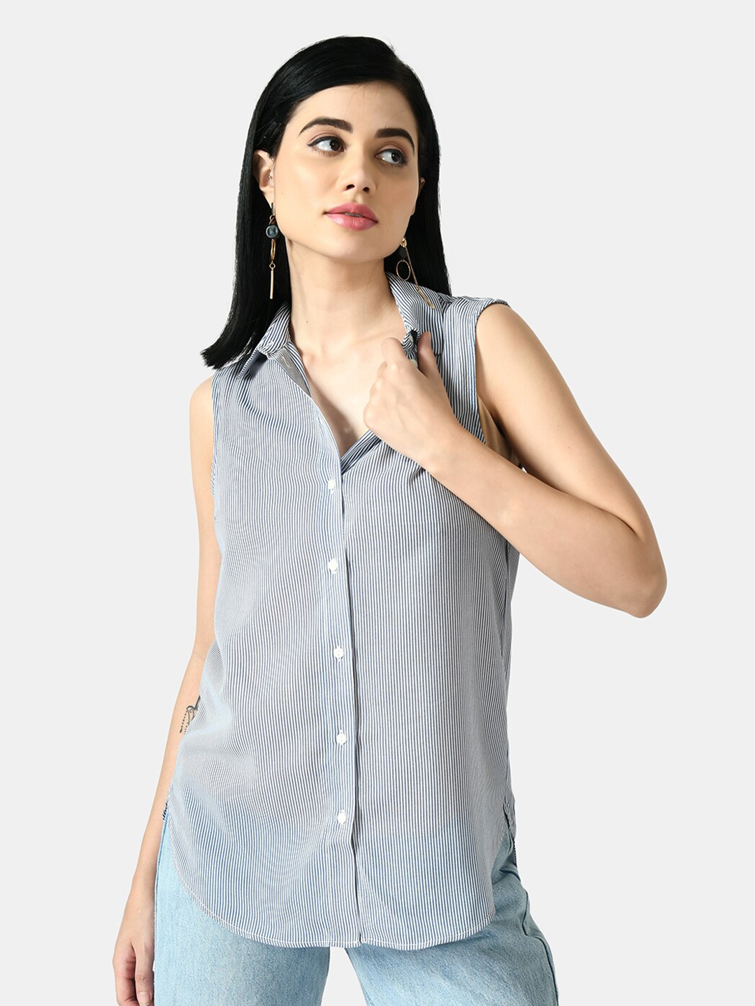 

LE BOURGEOIS Women Vertical Striped Semi Sheer Sleeveless Georgette Casual Shirt, Blue