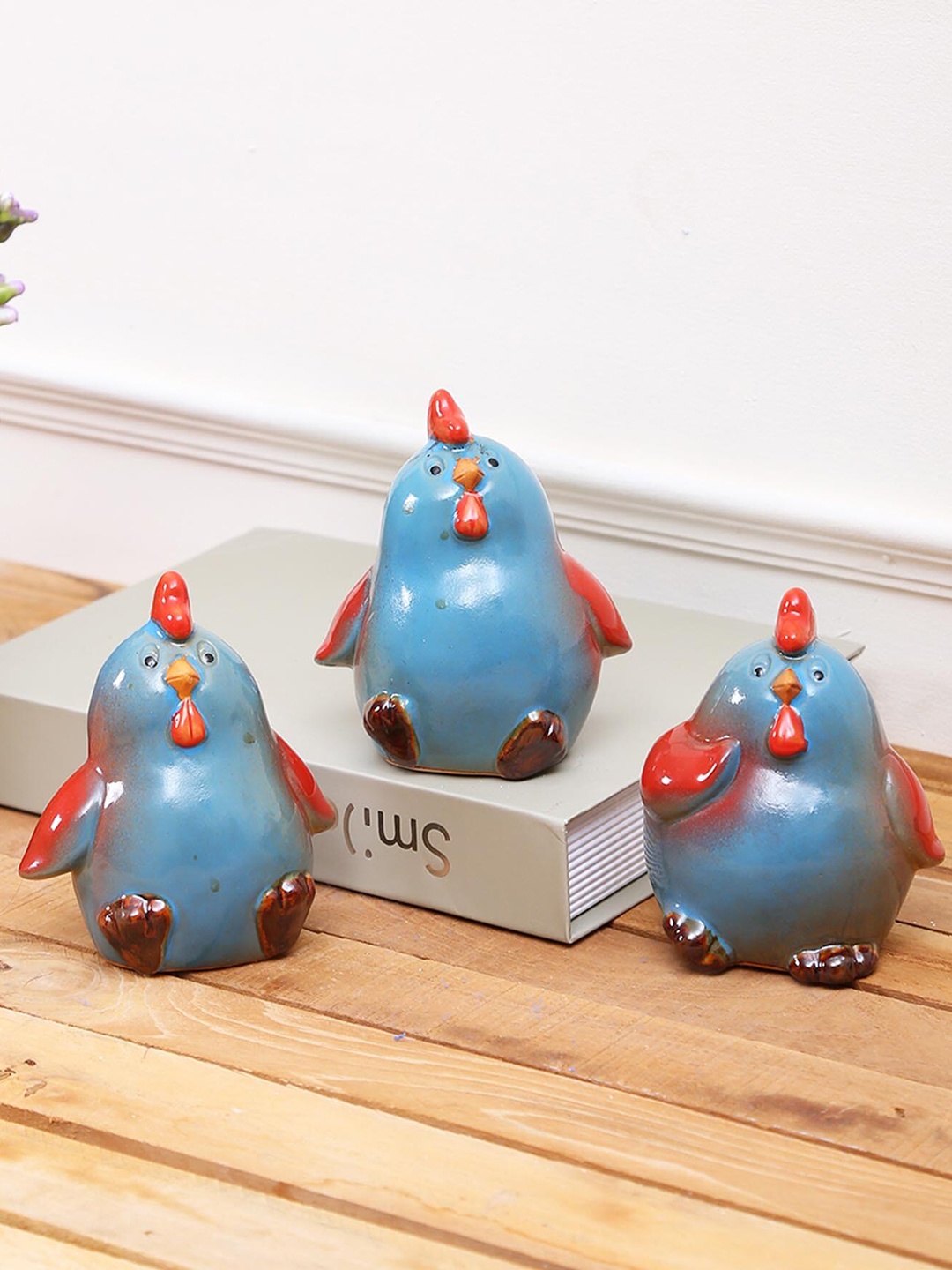 

TAYHAA 3 Pcs Blue & Red Ceramic Rooster Figurine Showpieces