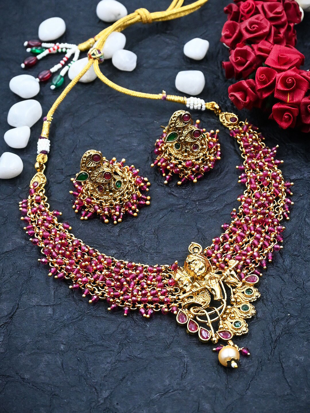 

StileAdda Gold-Plated Stone-Studded & Beaded Jewellery Set, Red