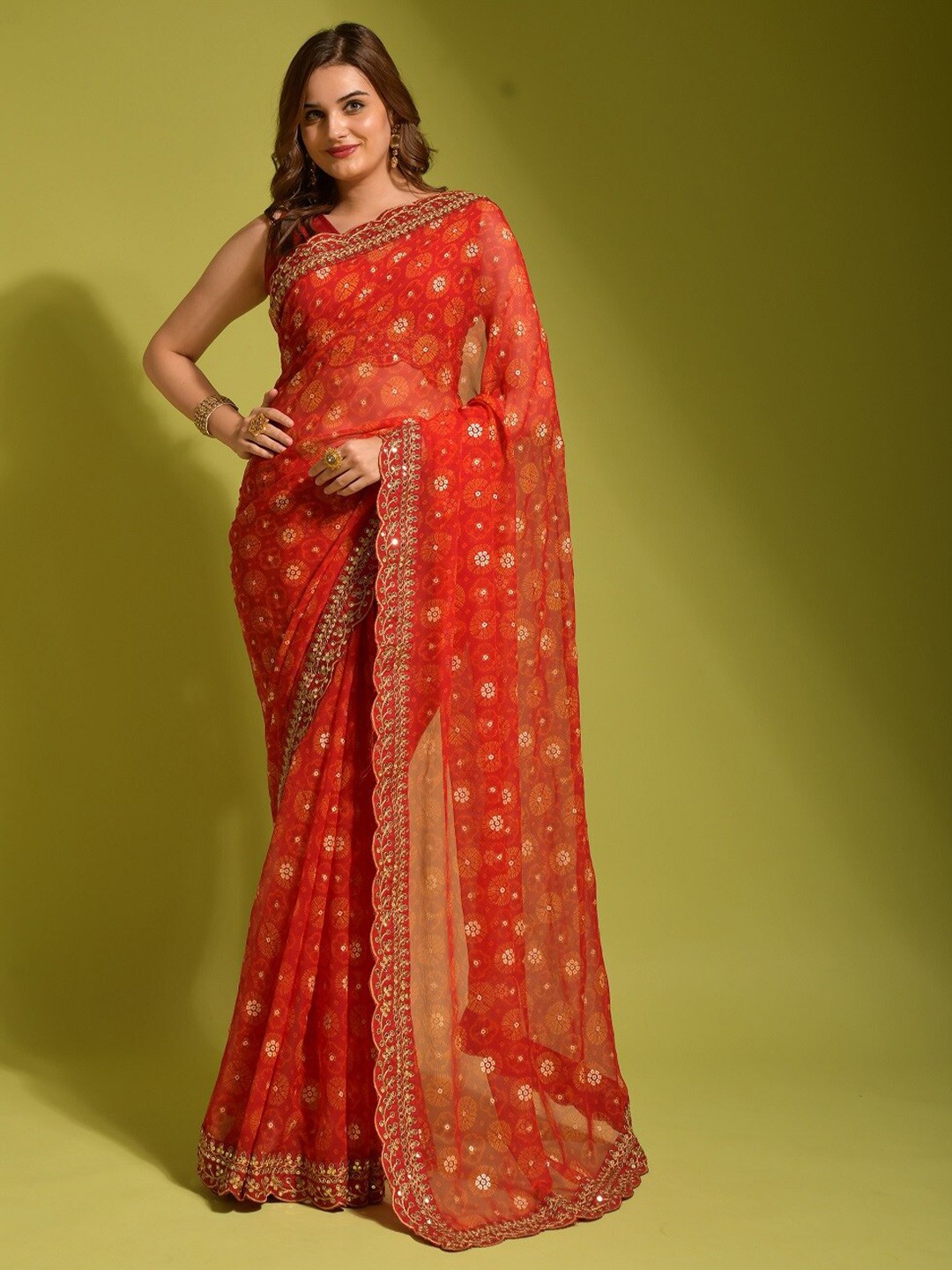

Mitera Brown & Gold-Toned Floral Embroidered Pure Georgette Banarasi Saree