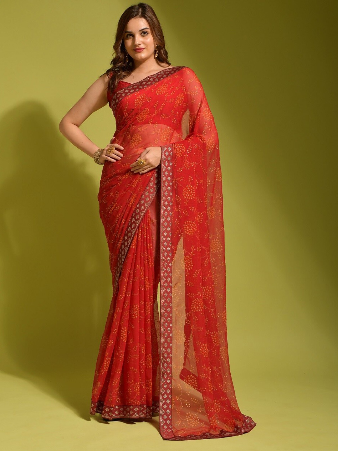 

Mitera Blue & Gold-Toned Floral Beads and Stones Pure Chiffon Banarasi Saree