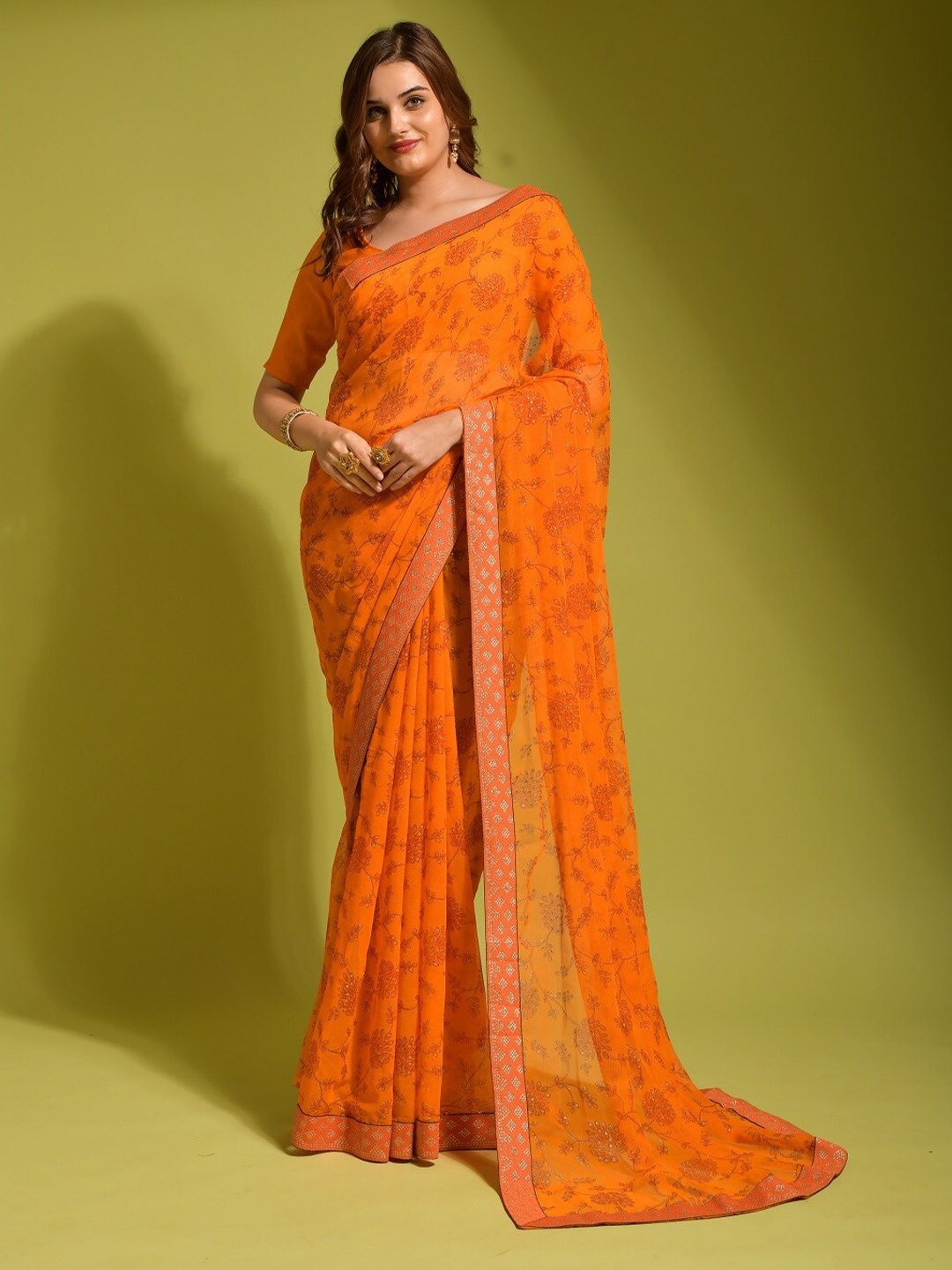 

Mitera Orange Floral Pure Georgette Banarasi Saree