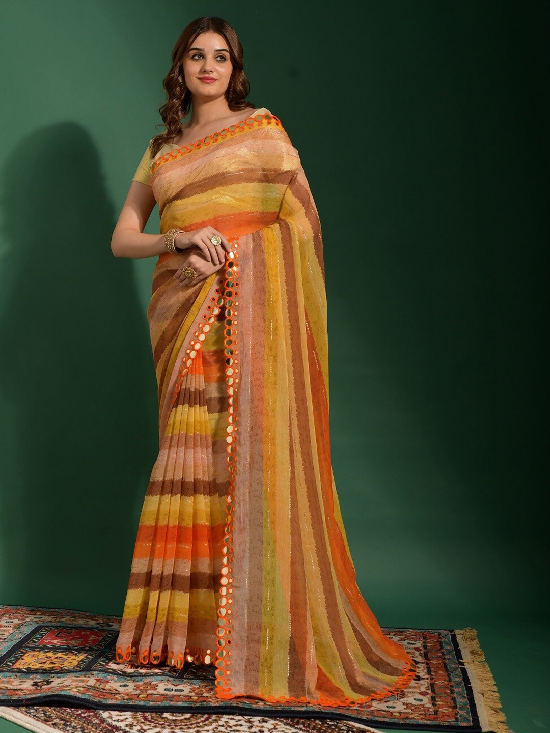 

Mitera Mustard & Orange Striped Pure Chiffon Banarasi Saree