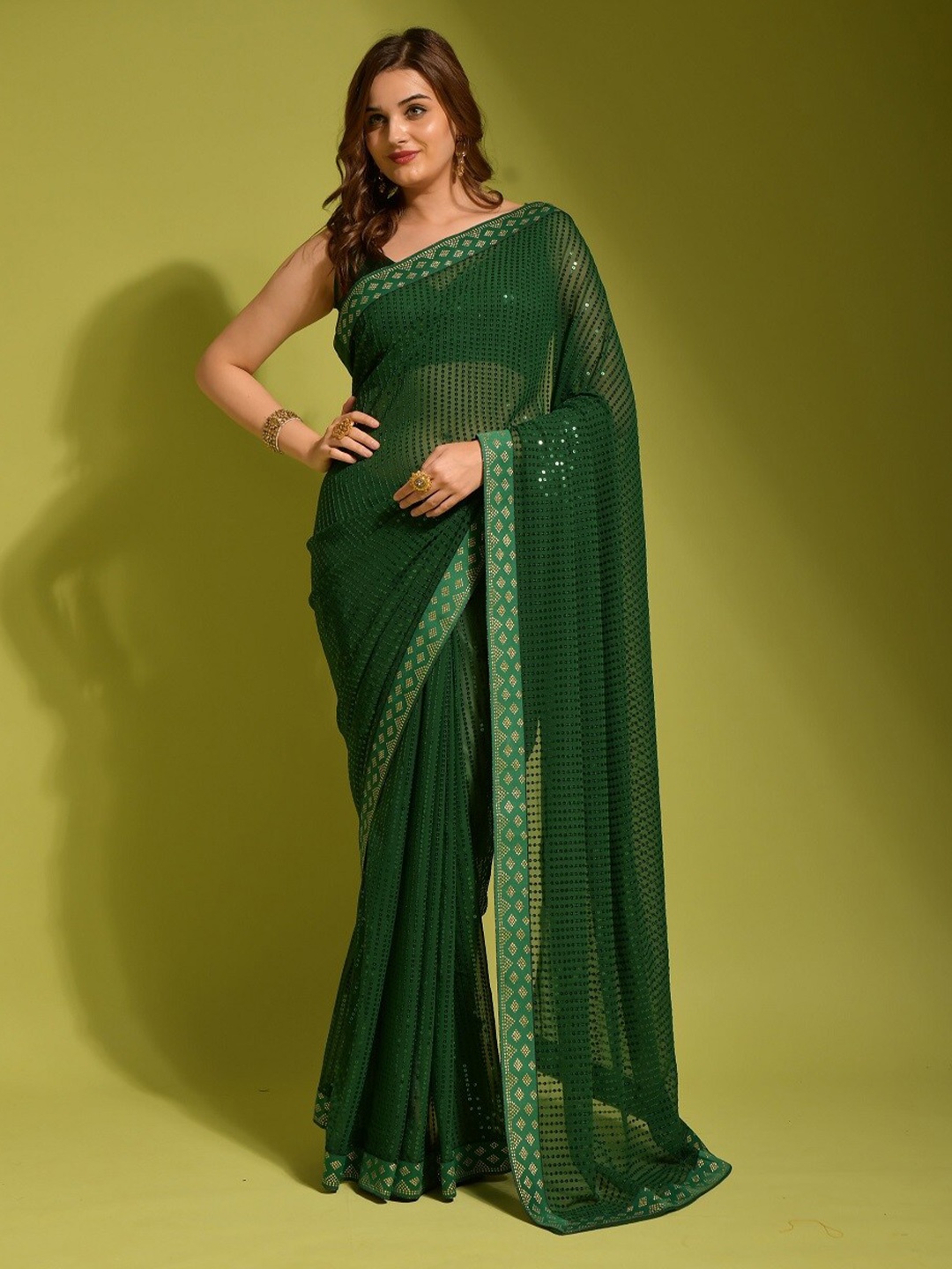 

Mitera Embellished Sequinned Pure Georgette Banarasi Saree, Green