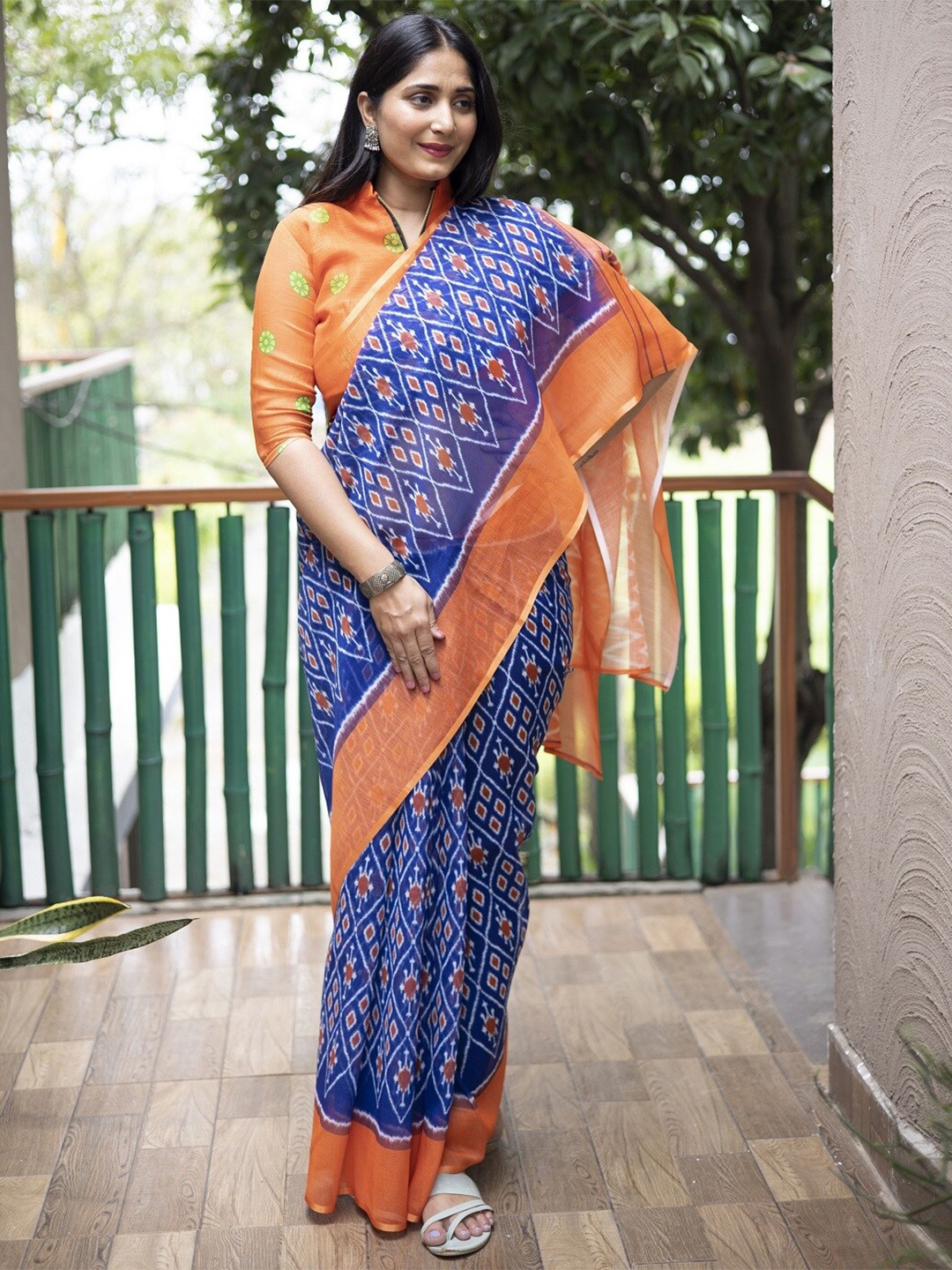 

Mitera Blue & Orange Batik Pure Cotton Banarasi Saree