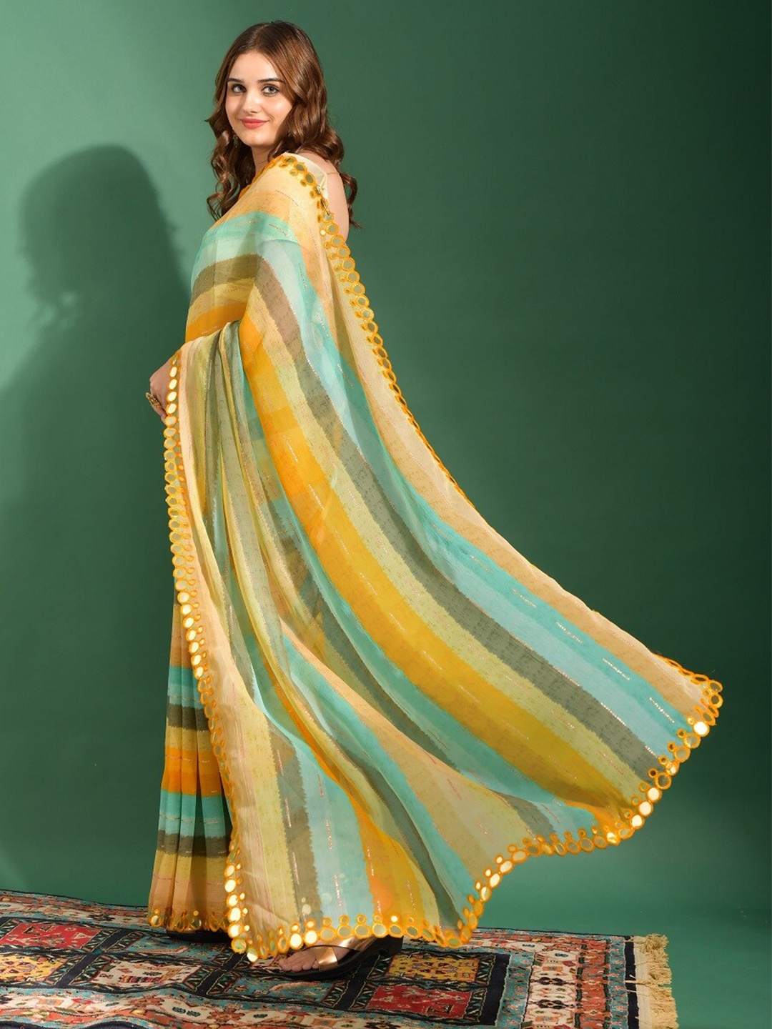 

Mitera Blue Striped Mukaish Pure Chiffon Banarasi Saree