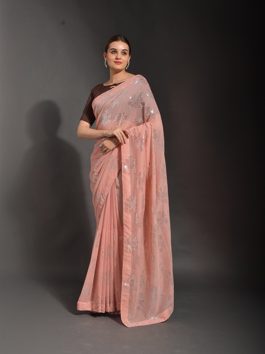 

Mitera Peach-Coloured & White Embellished Sequinned Pure Georgette Heavy Work Banarasi Saree