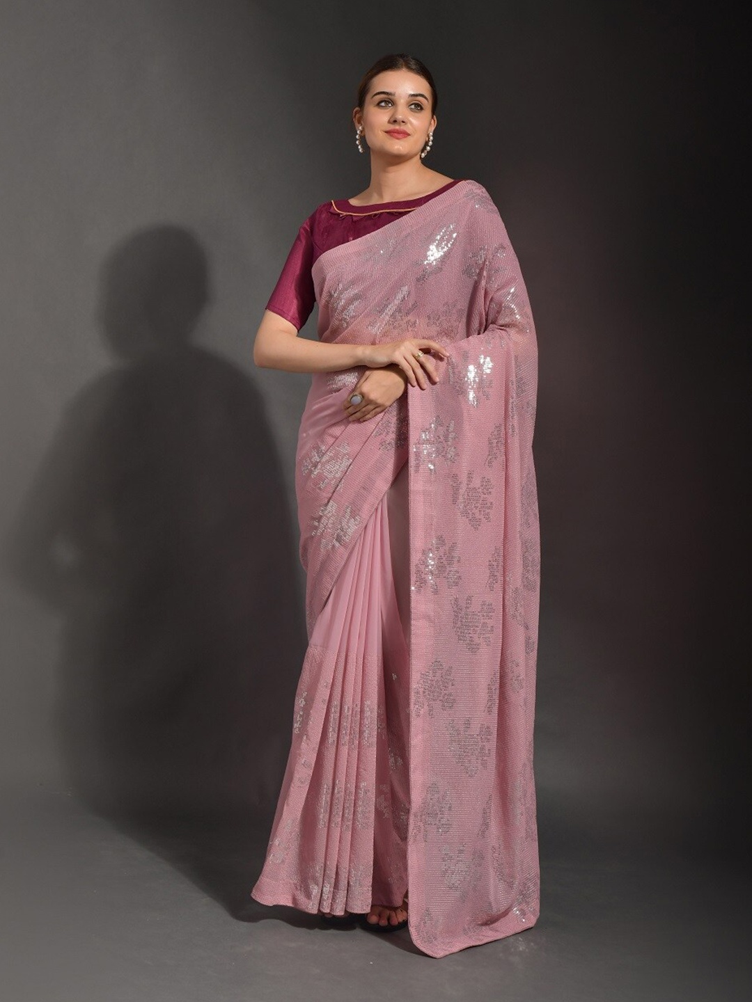 

Mitera Embellished Sequinned Pure Georgette Banarasi Saree, Pink