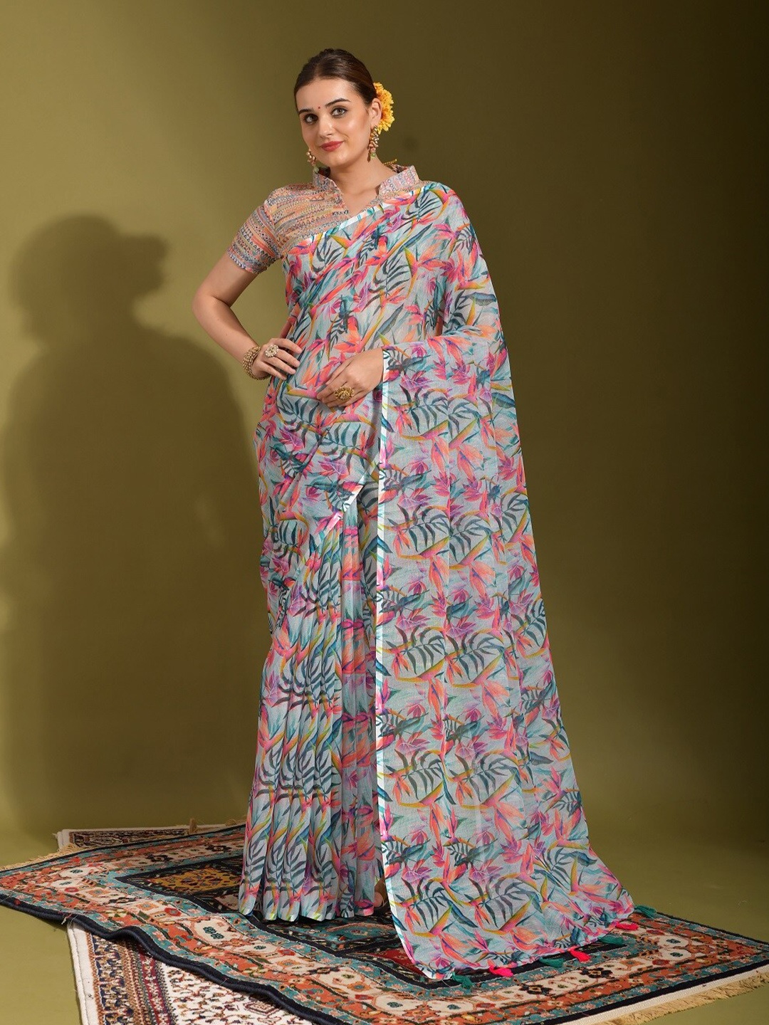 

Mitera Floral Pure Linen Banarasi Saree, Blue