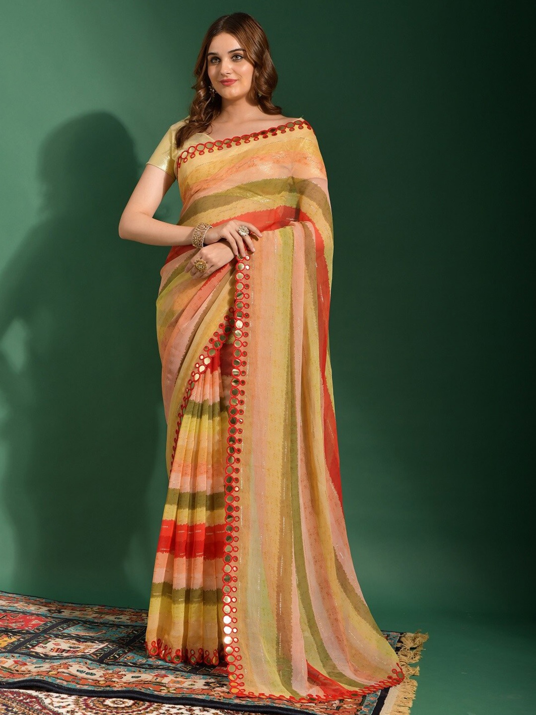 

Mitera Beige & Peach-Coloured Leheriya Pure Chiffon Banarasi Saree