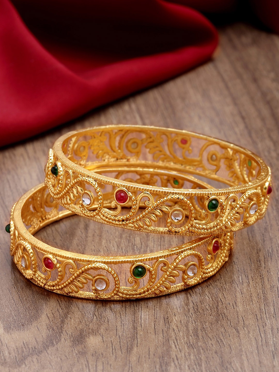 

KARATCART Set Of 2 Gold-Plated Kundan-Studded Bangles, Green