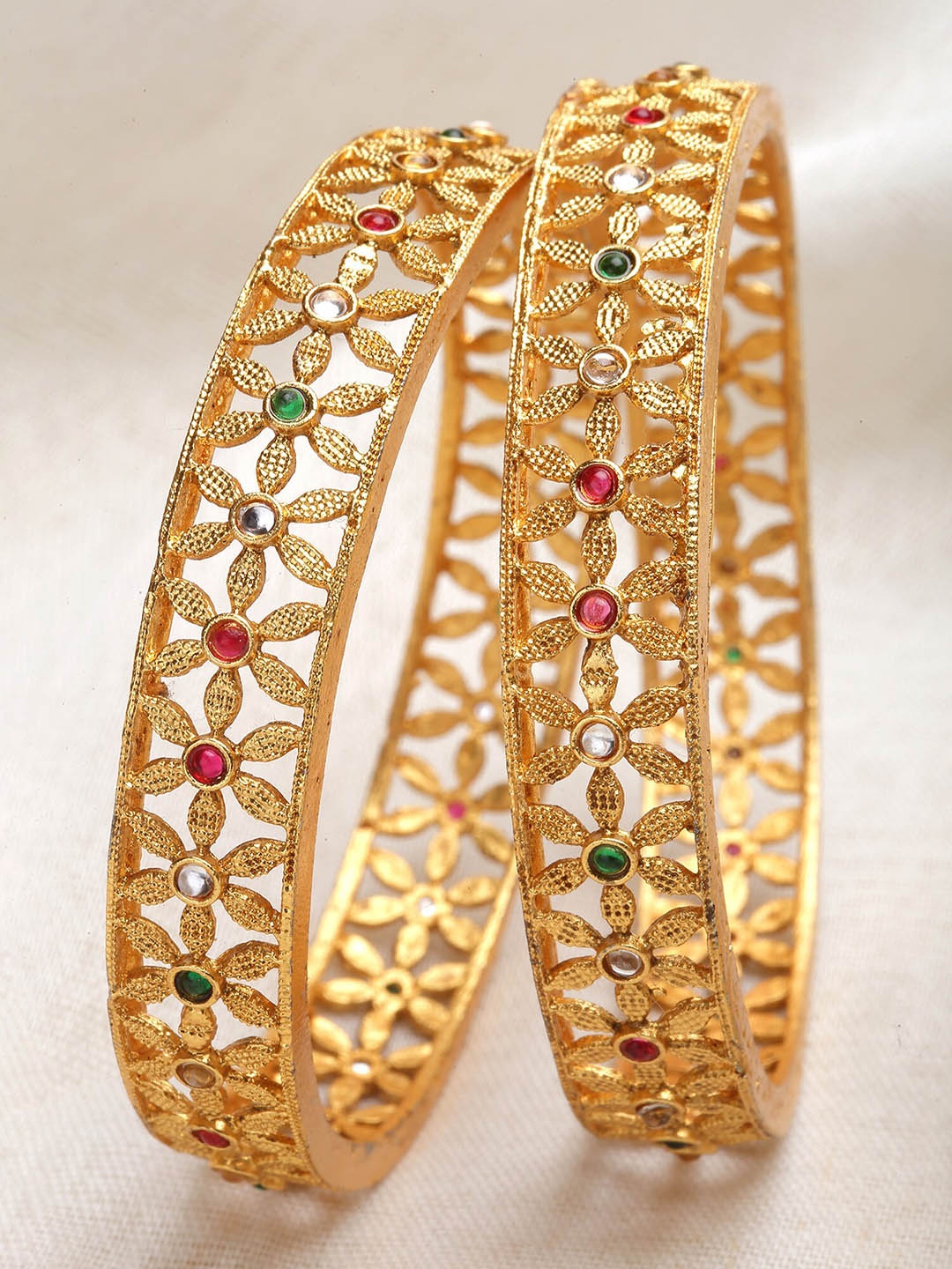 

KARATCART Set Of 2 Gold-Plated Kundan-Studded Bangles, Green