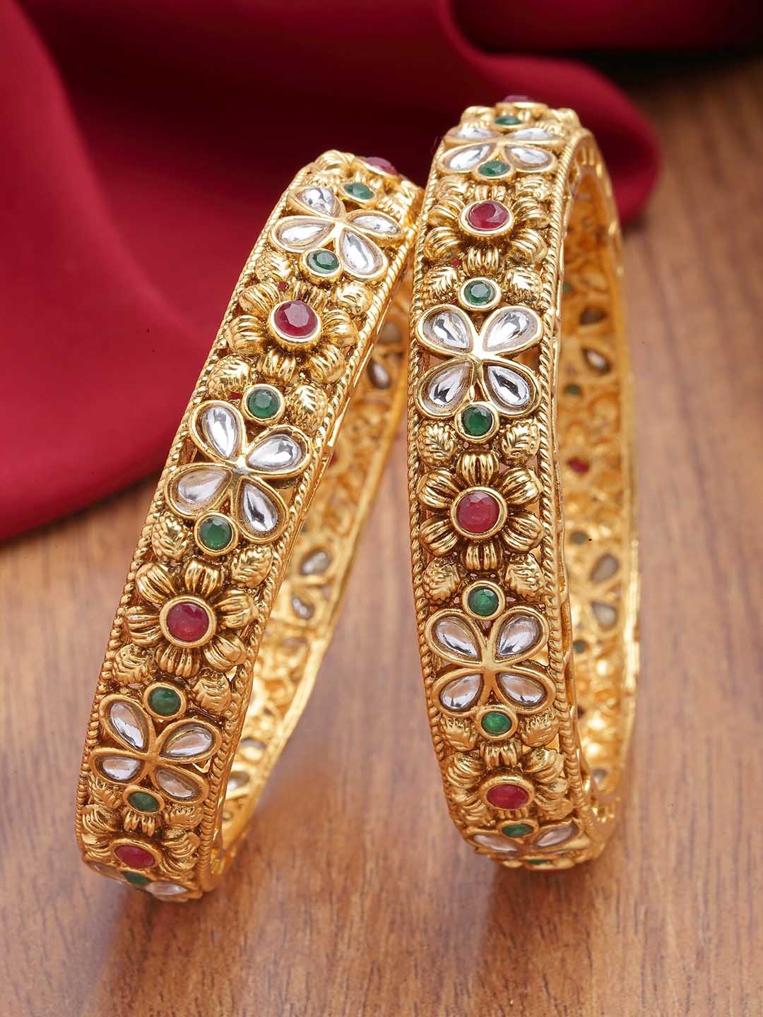 

KARATCART Set of 2 Antique Gold Plated Kundan Studded Bangles, White