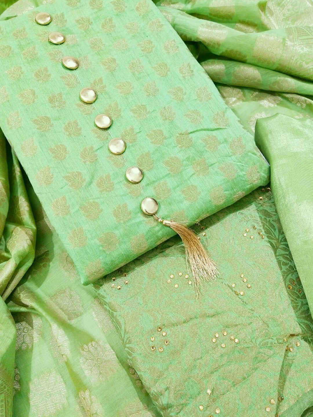 

KALINI Unstitched Banarasi Dress Material, Green