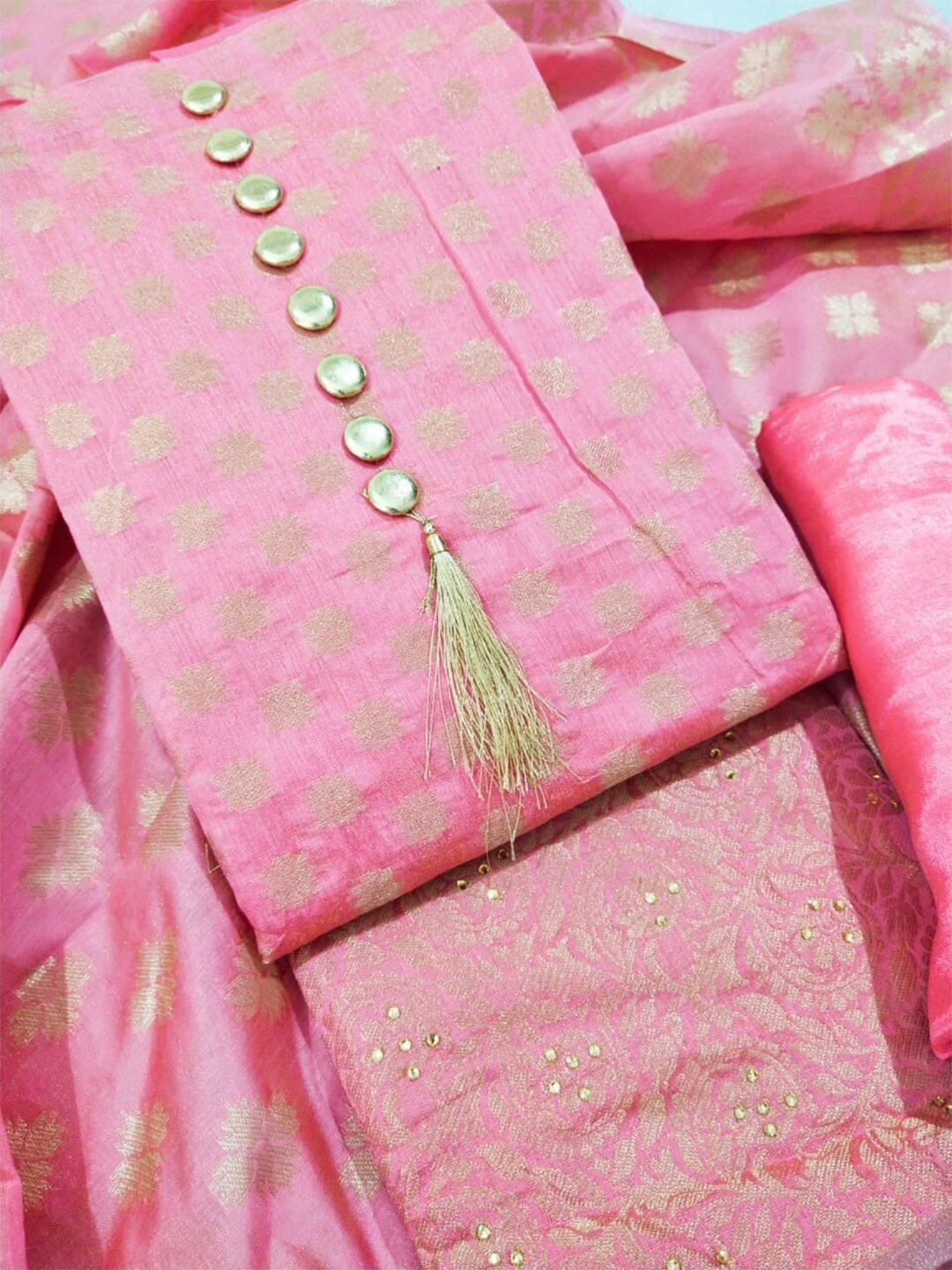 

KALINI Unstitched Banarasi Dress Material, Pink