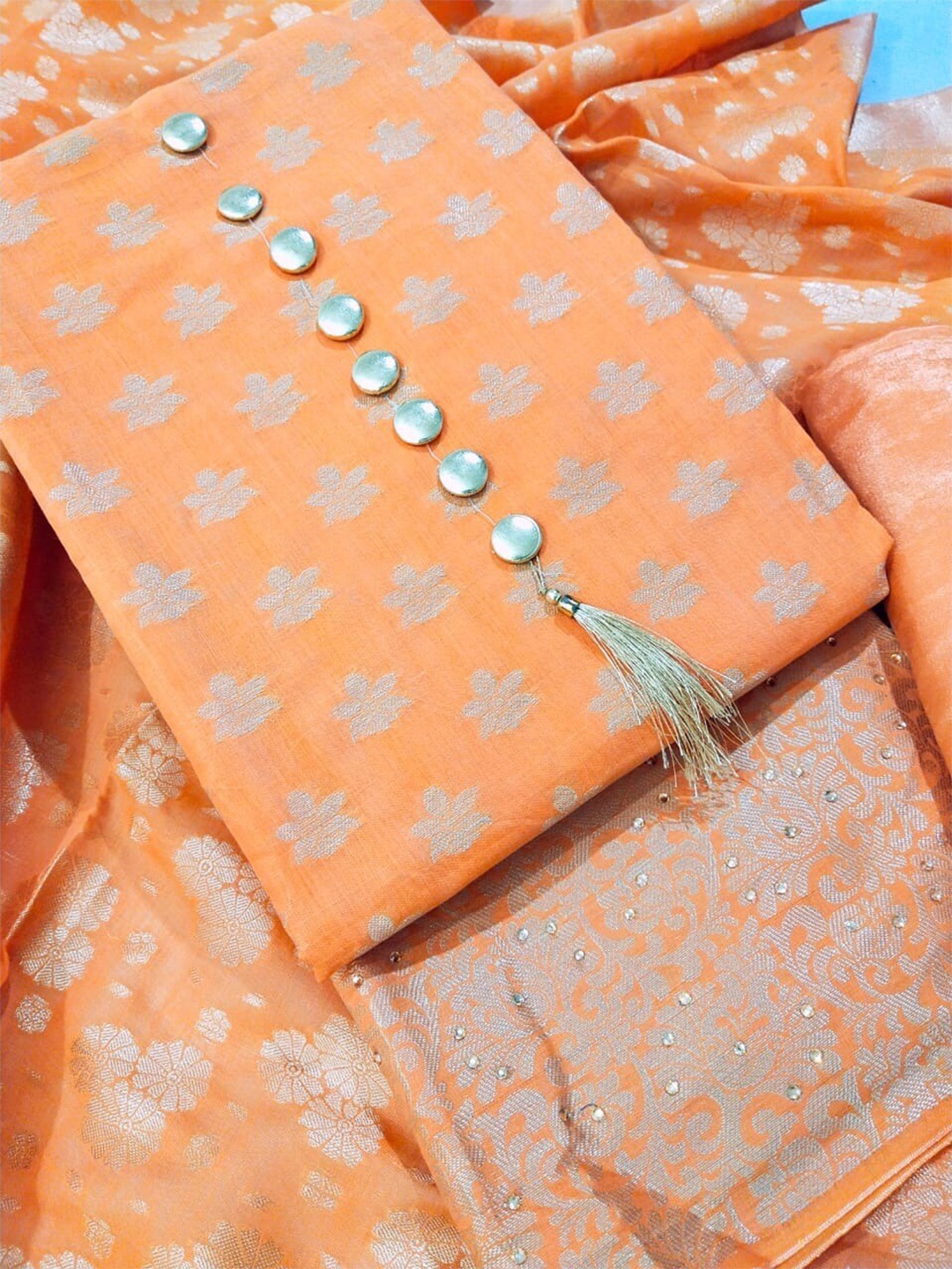 

KALINI Unstitched Banarasi Dress Material, Orange