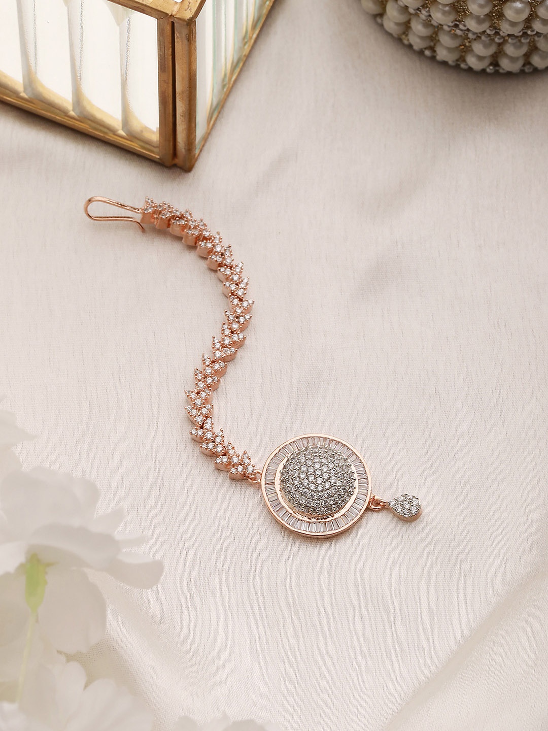 

Saraf RS Jewellery Rose Gold-Plated AD-Studded & Beaded Maang Tikka, White