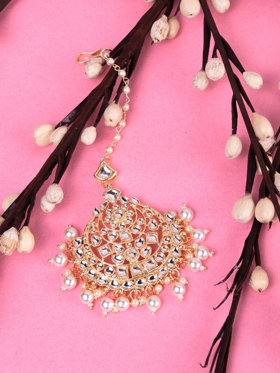 

Saraf RS Jewellery Gold-Plated AD-Studded & Beaded Maang Tikka, White