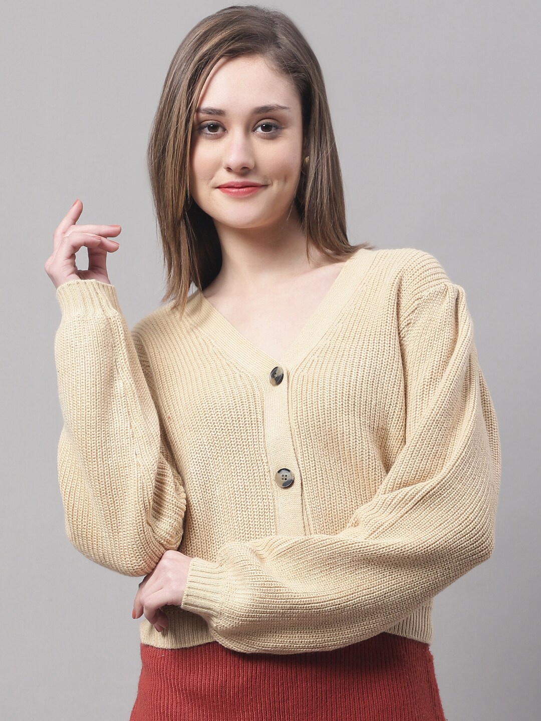 

NoBarr Women Puff Sleeves V- Neck Ribbed Crop Cardigan, Beige