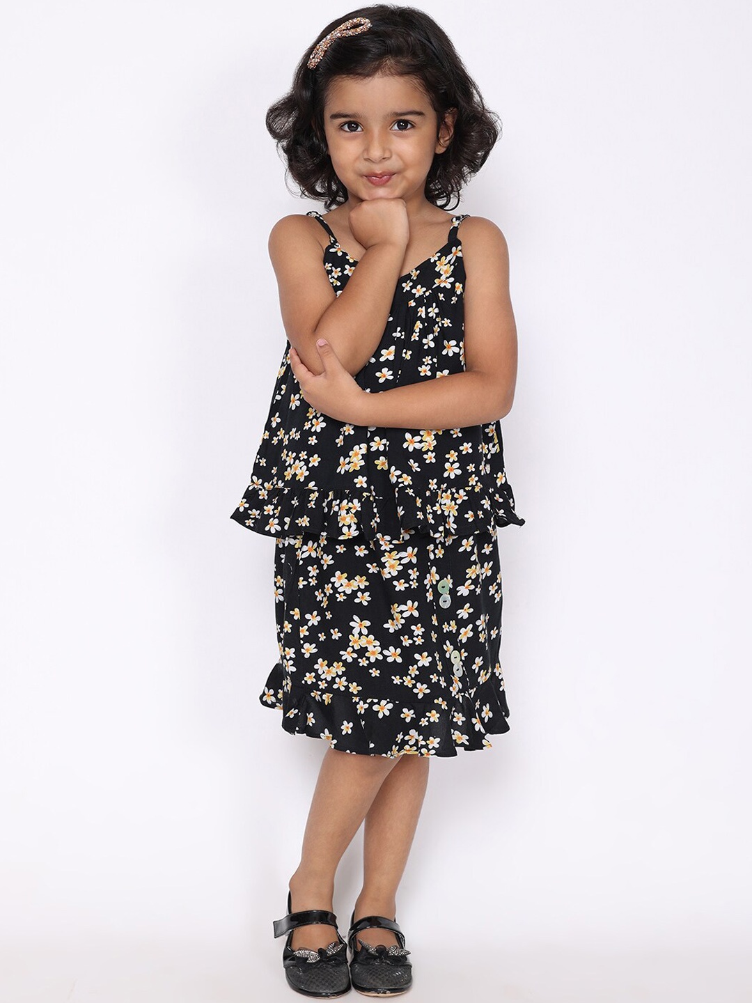 

White Dahlia Girls Printed Pure Cotton Top and Skirt Co-Ords, Black