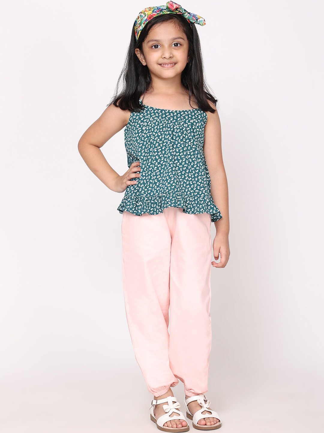 

White Dahlia Girls Green & Pink Printed Top with Joggers
