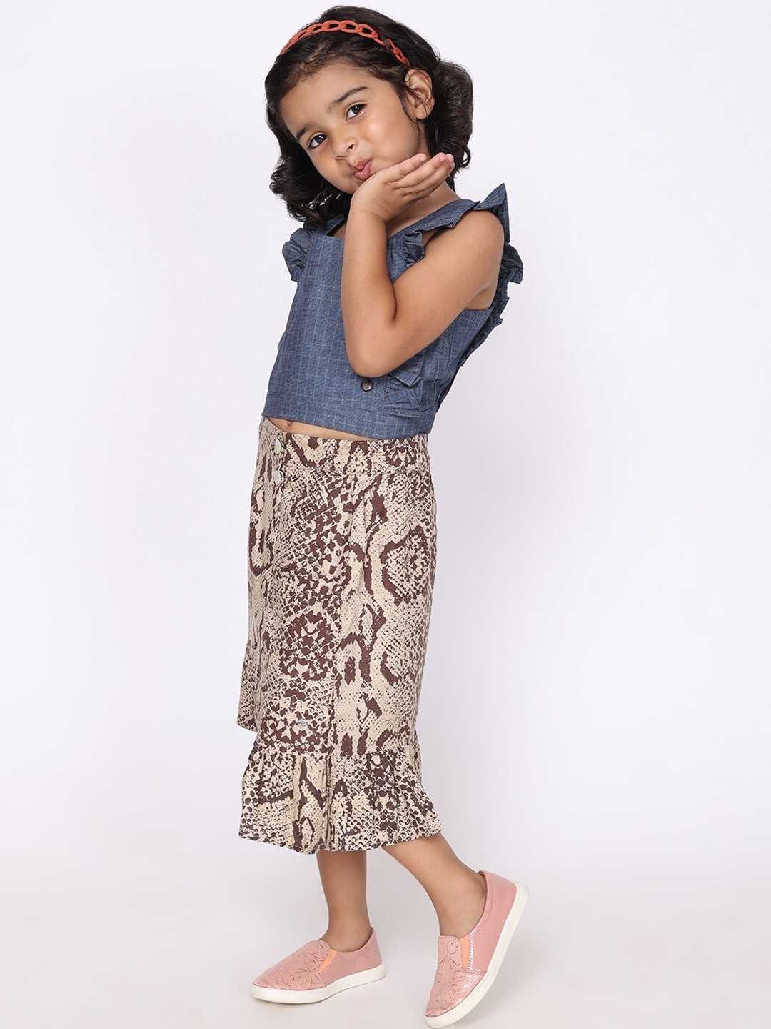 

White Dahlia Girls Blue & Brown Printed Top with Skirt