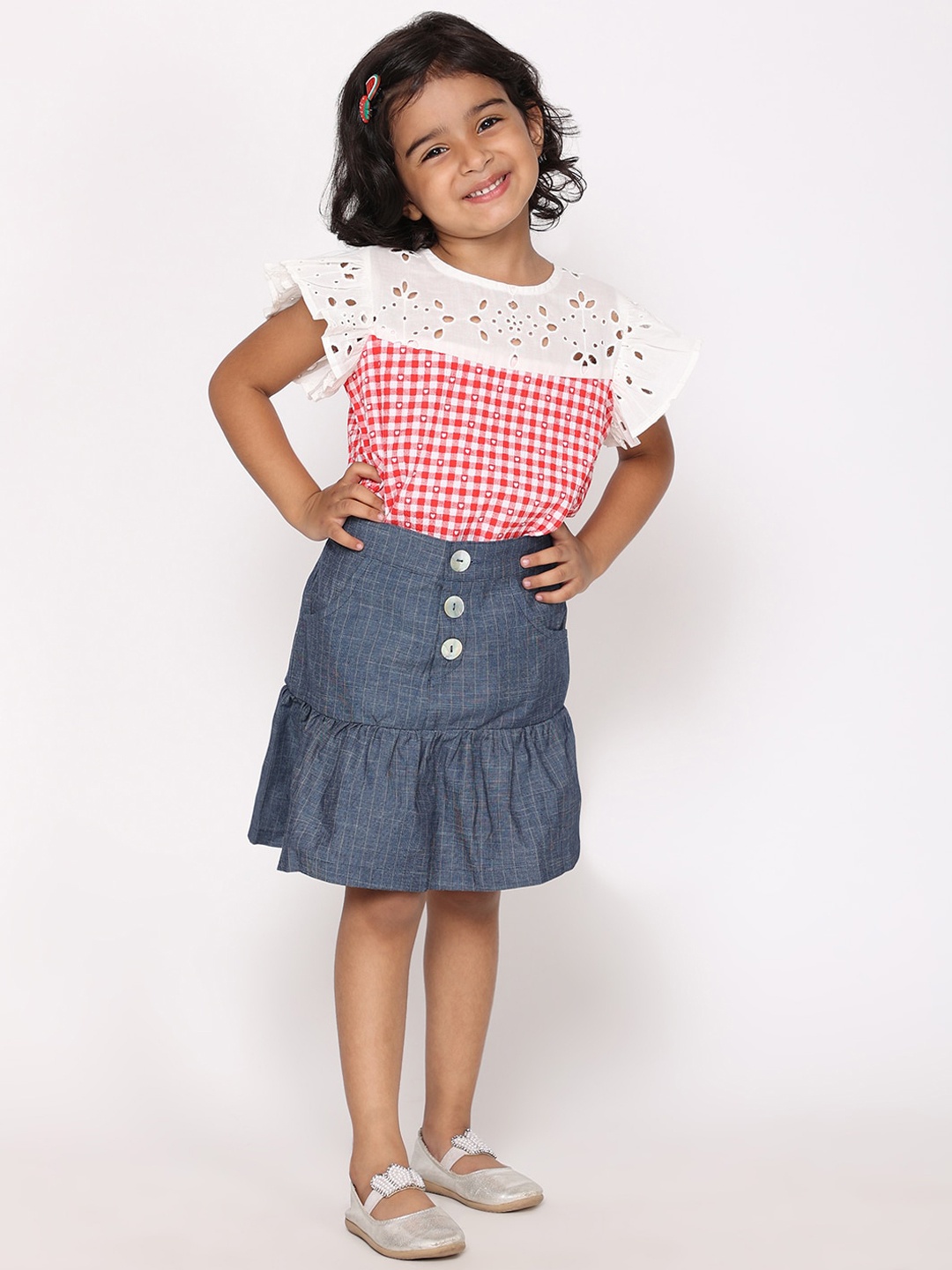 

White Dahlia Girls Top & Denim Skirt Set, Red