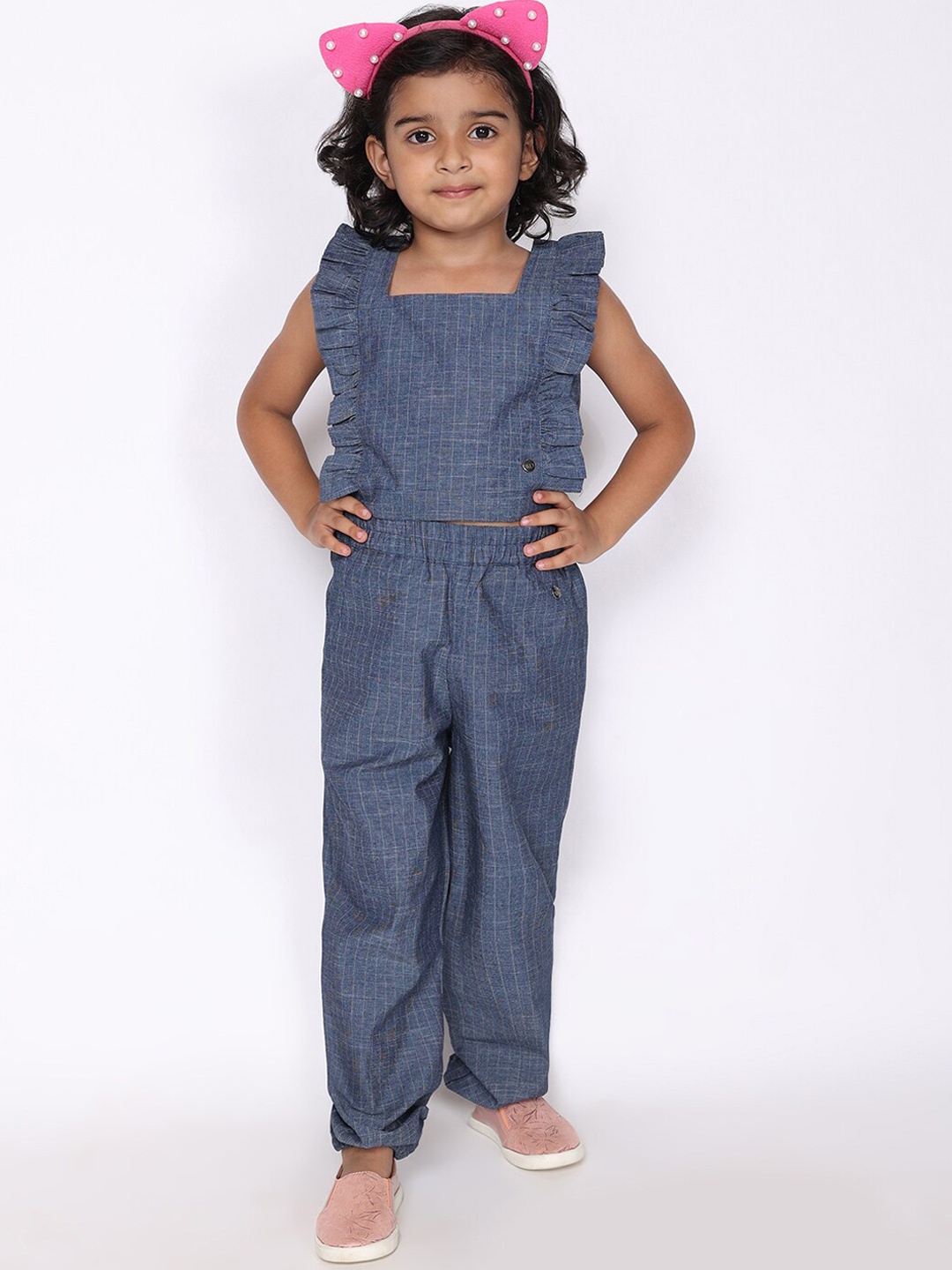 

White Dahlia Girls Blue Checked Top with Joggers