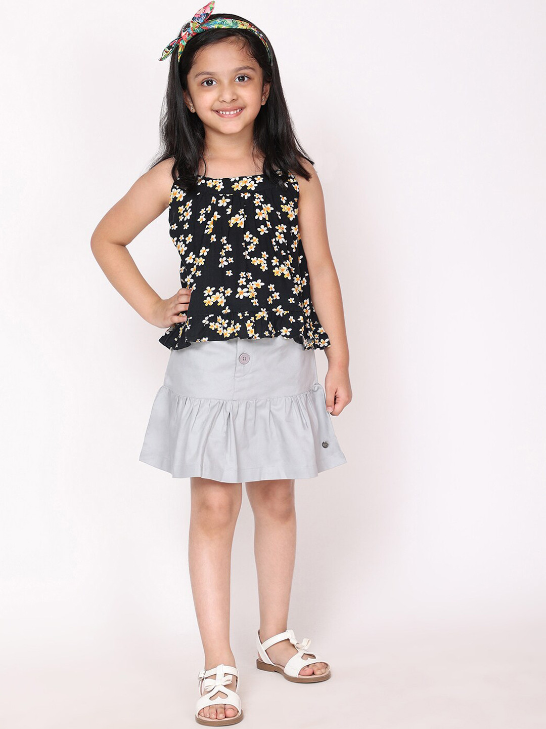 

White Dahlia Girls Black & Grey Printed Top with Skirt