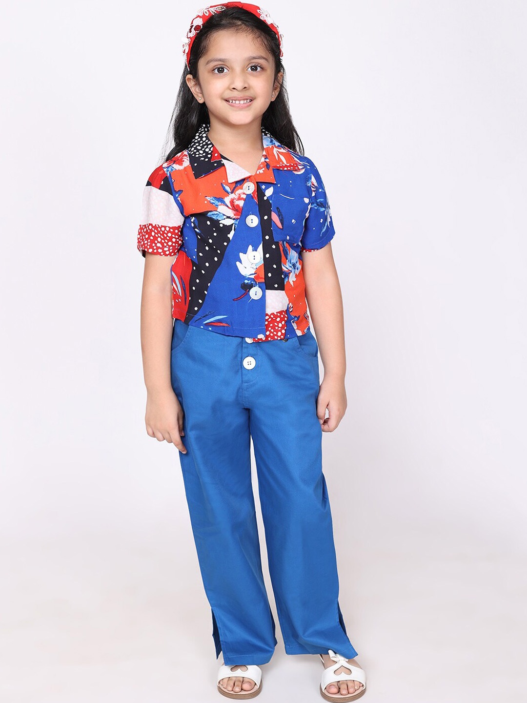

White Dahlia Girls Shirt & Trousers Set, Blue